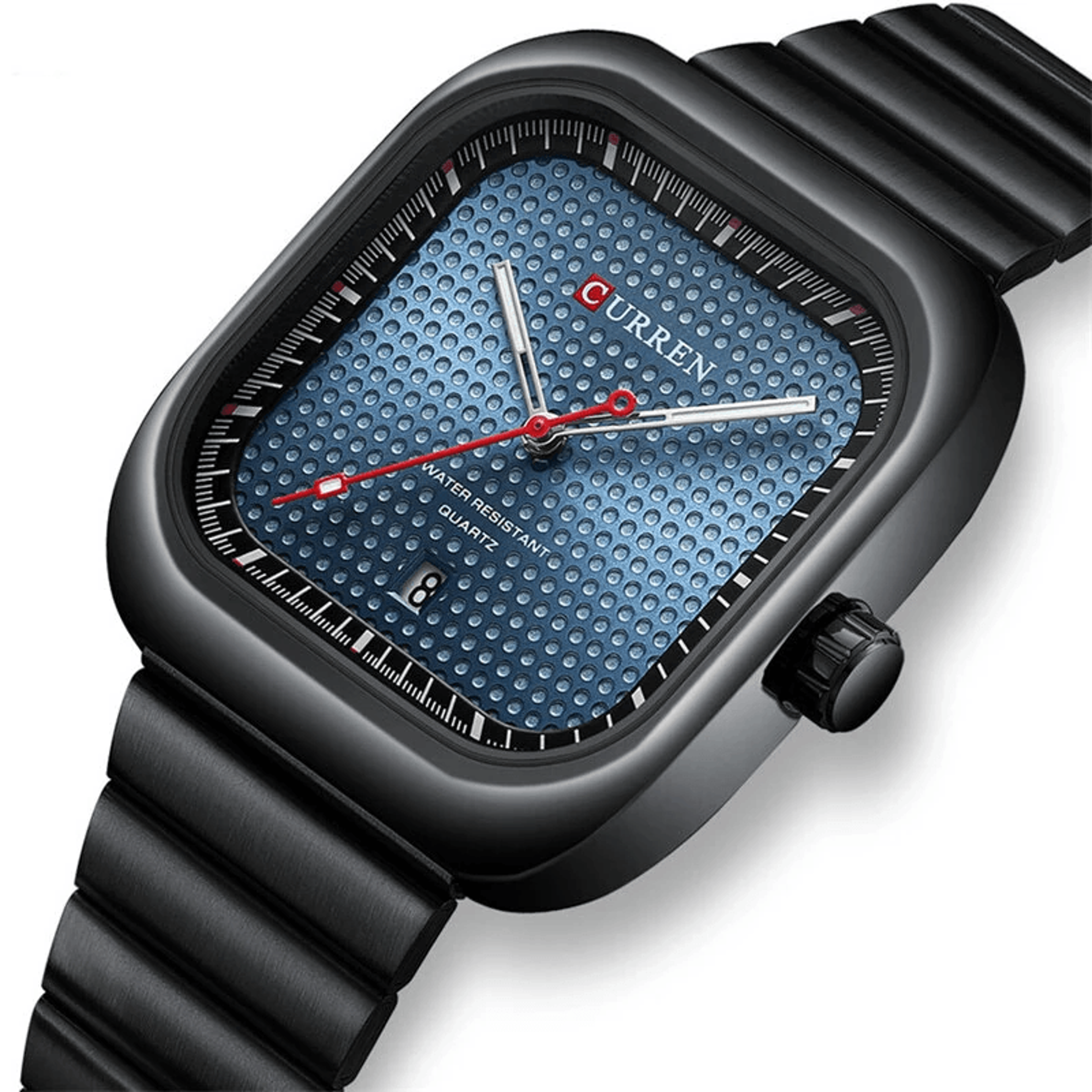 square dial mens quartz watch with luminous hands calendar and stainless steel band