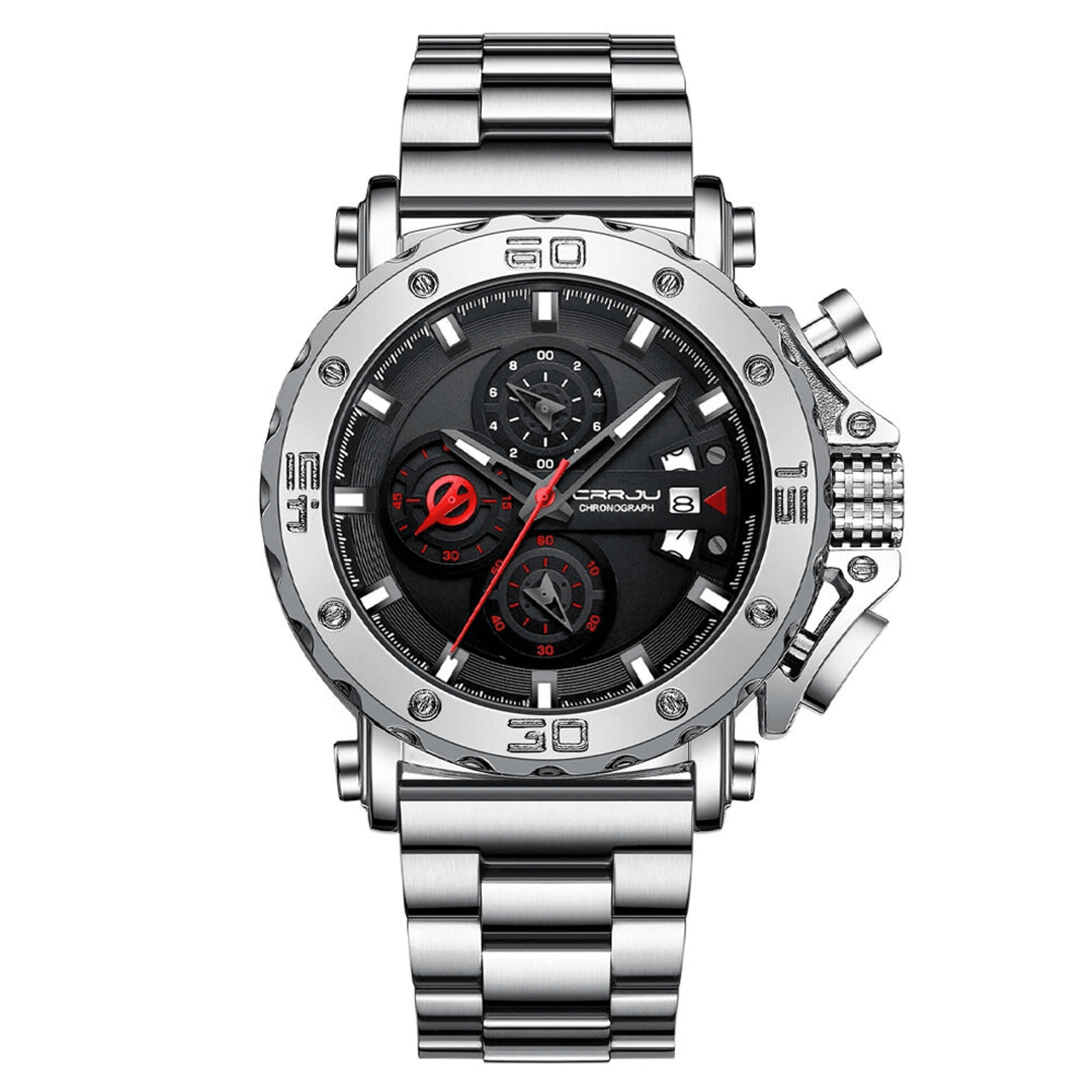 mens quartz chronograph watch with stainless steel strap luminous dial and date