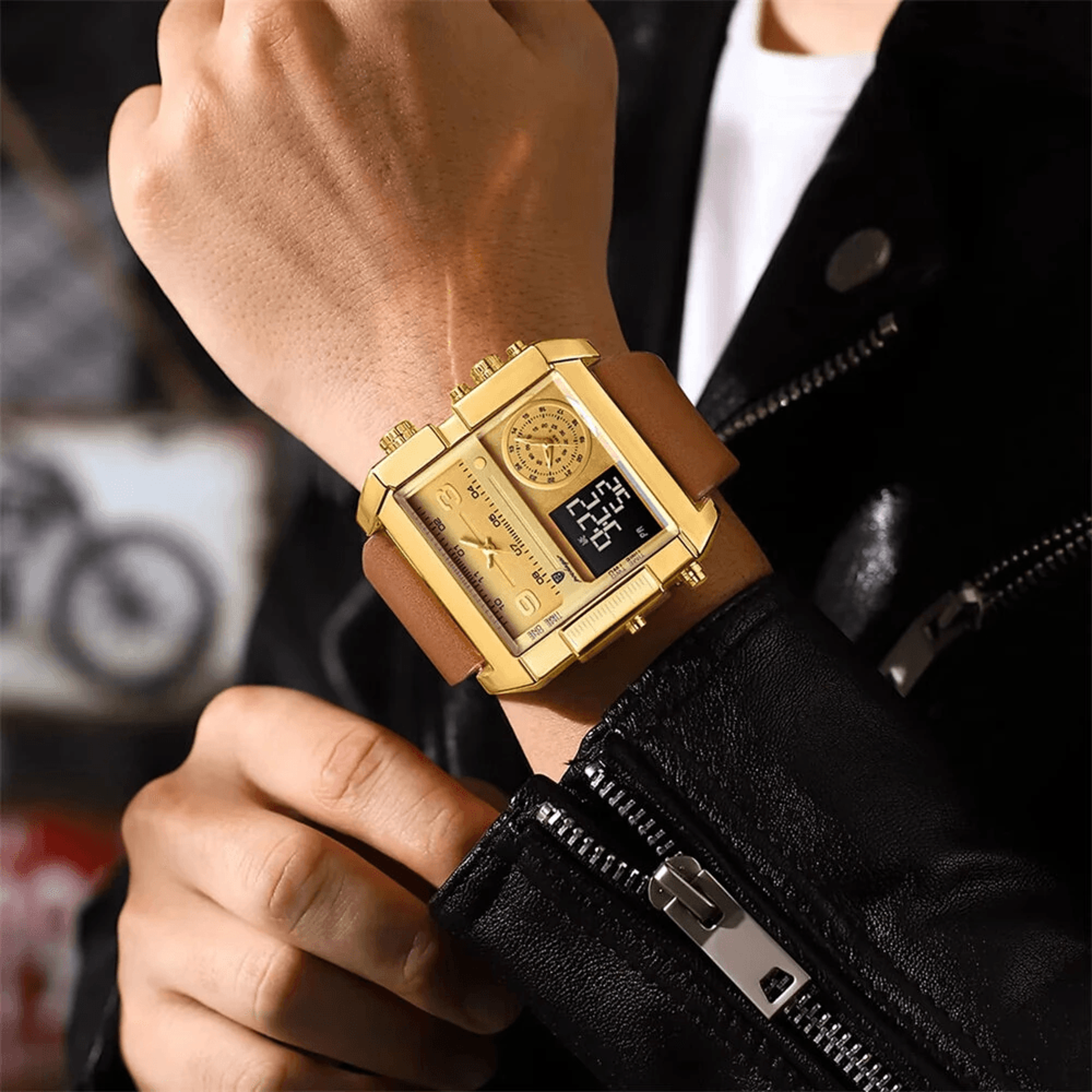 mens dual display rectangle sports watch waterproof quartz digital wristwatch
