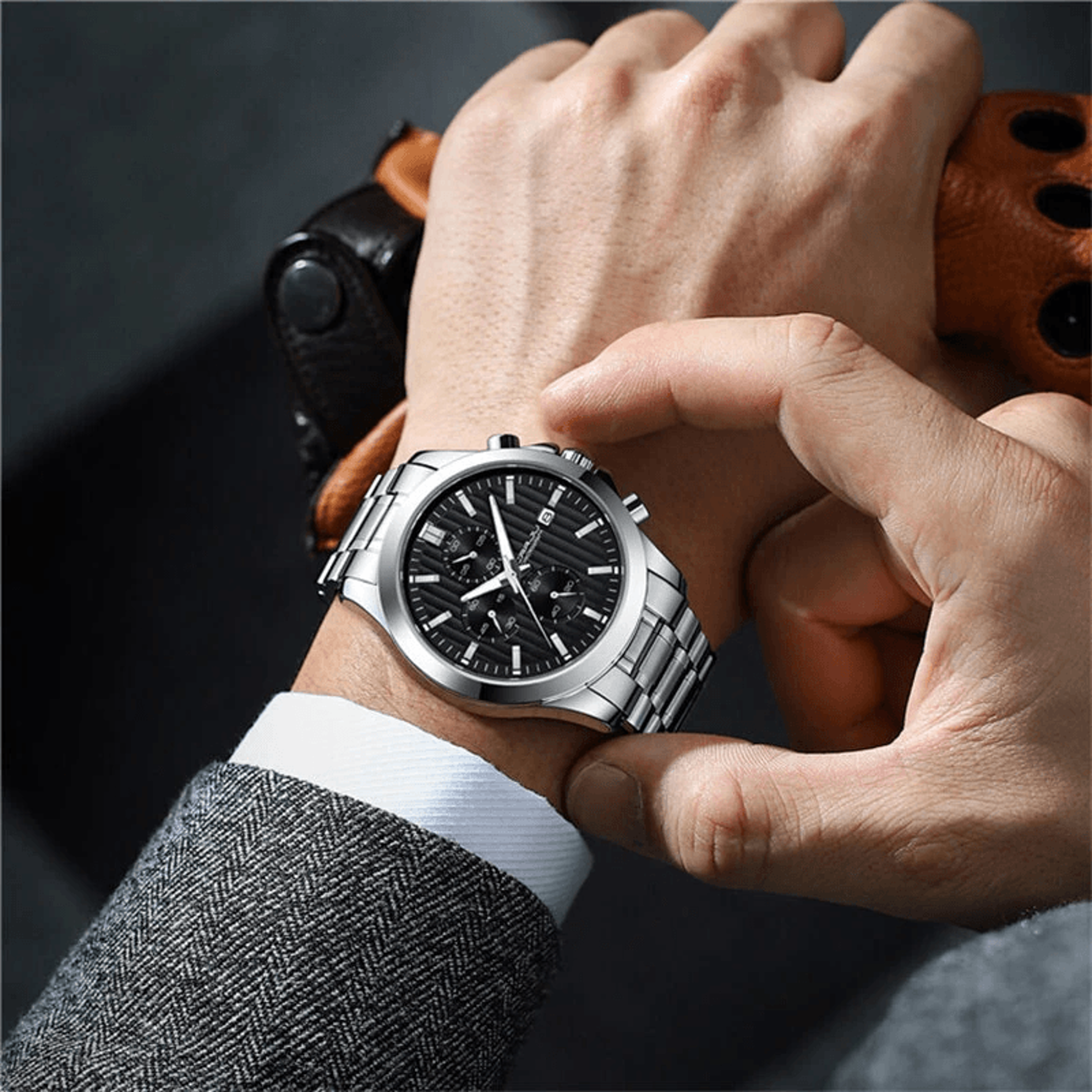 premium mens business chronograph watch with stainless steel band