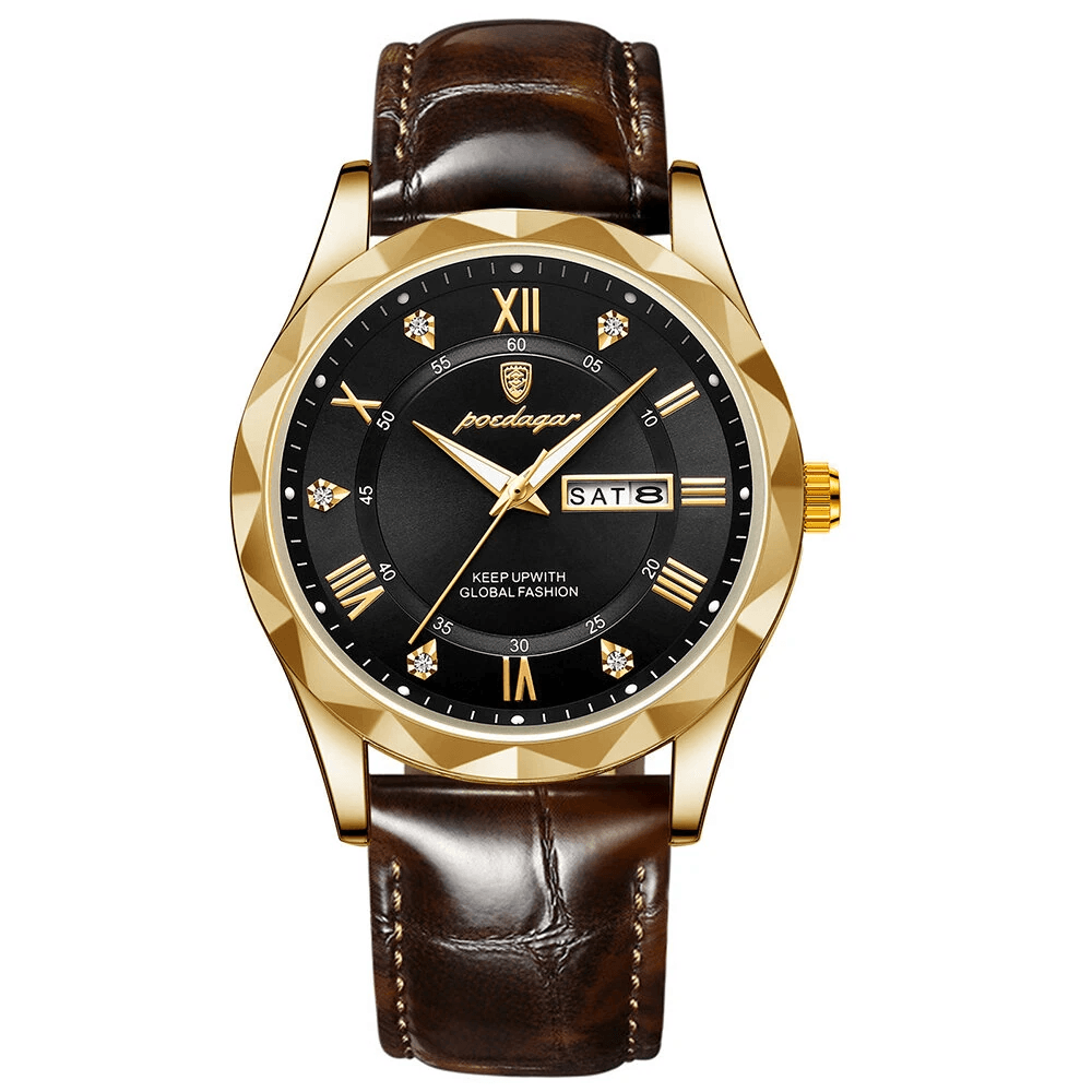 luxury mens quartz watch with luminous dial leather strap and day date display