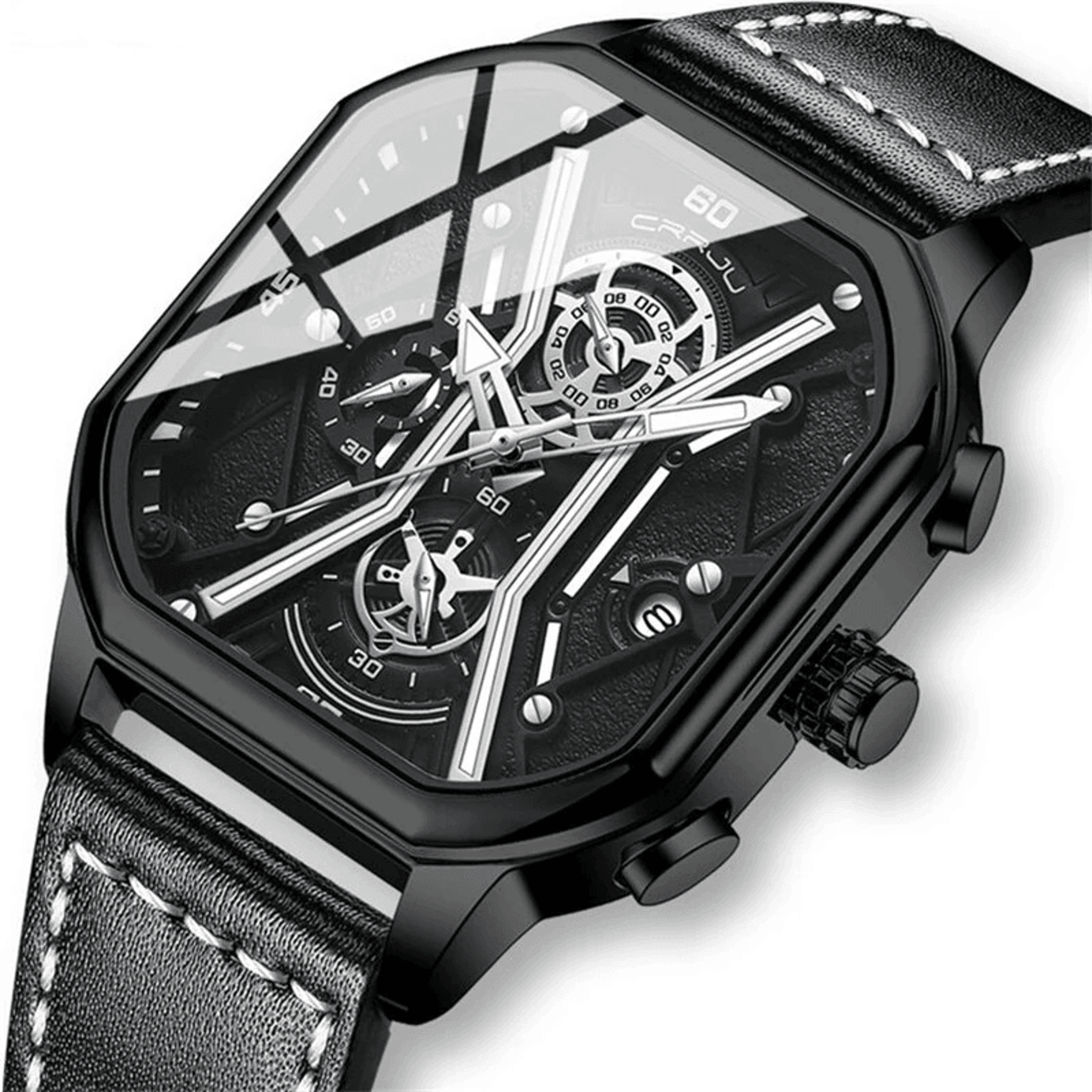square chronograph watch for men with leather strap and waterproof quartz design