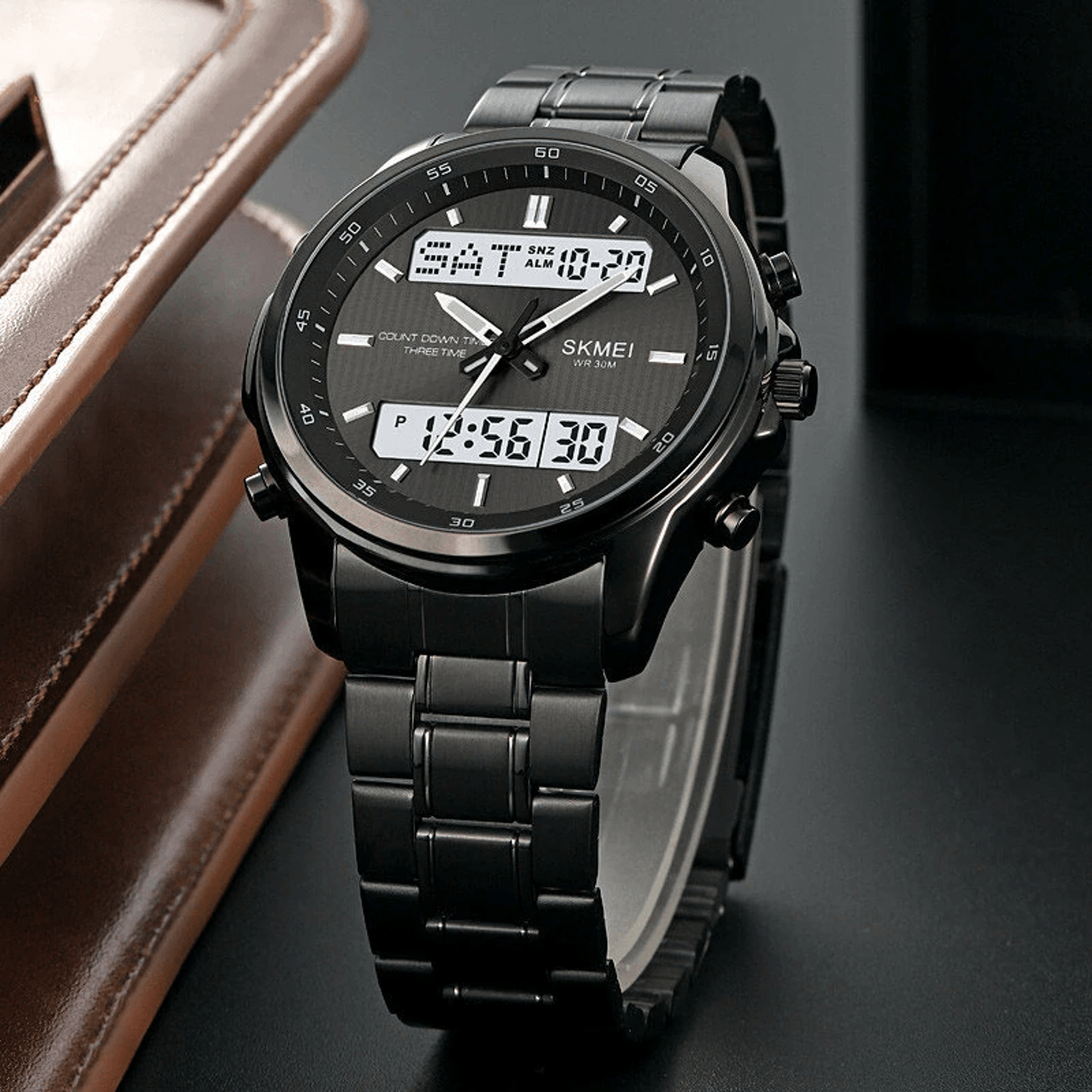 men's dual display digital sports watch waterproof chronograph with luminous alarm