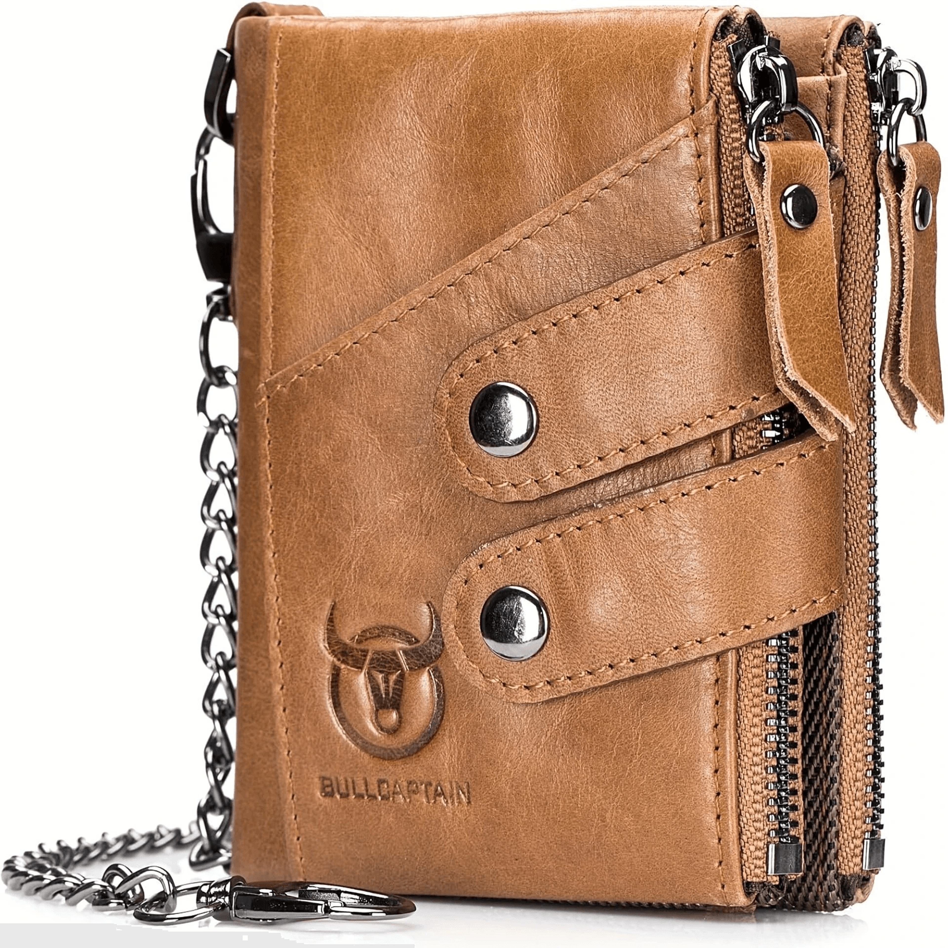 genuine leather rfid wallet for men with chain and double zipper coin pocket