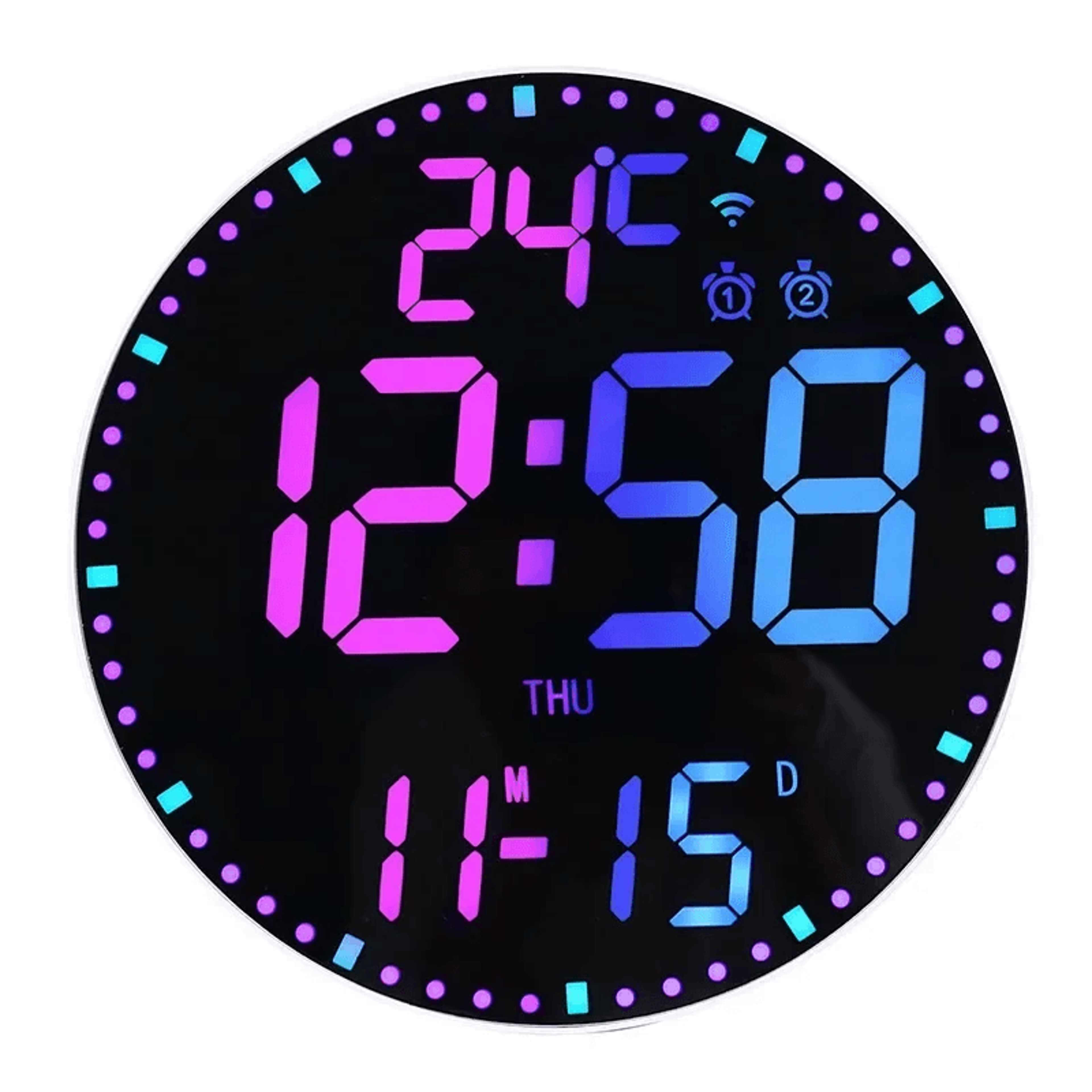 smart wifi rgb digital wall clock with calendar date and temperature display