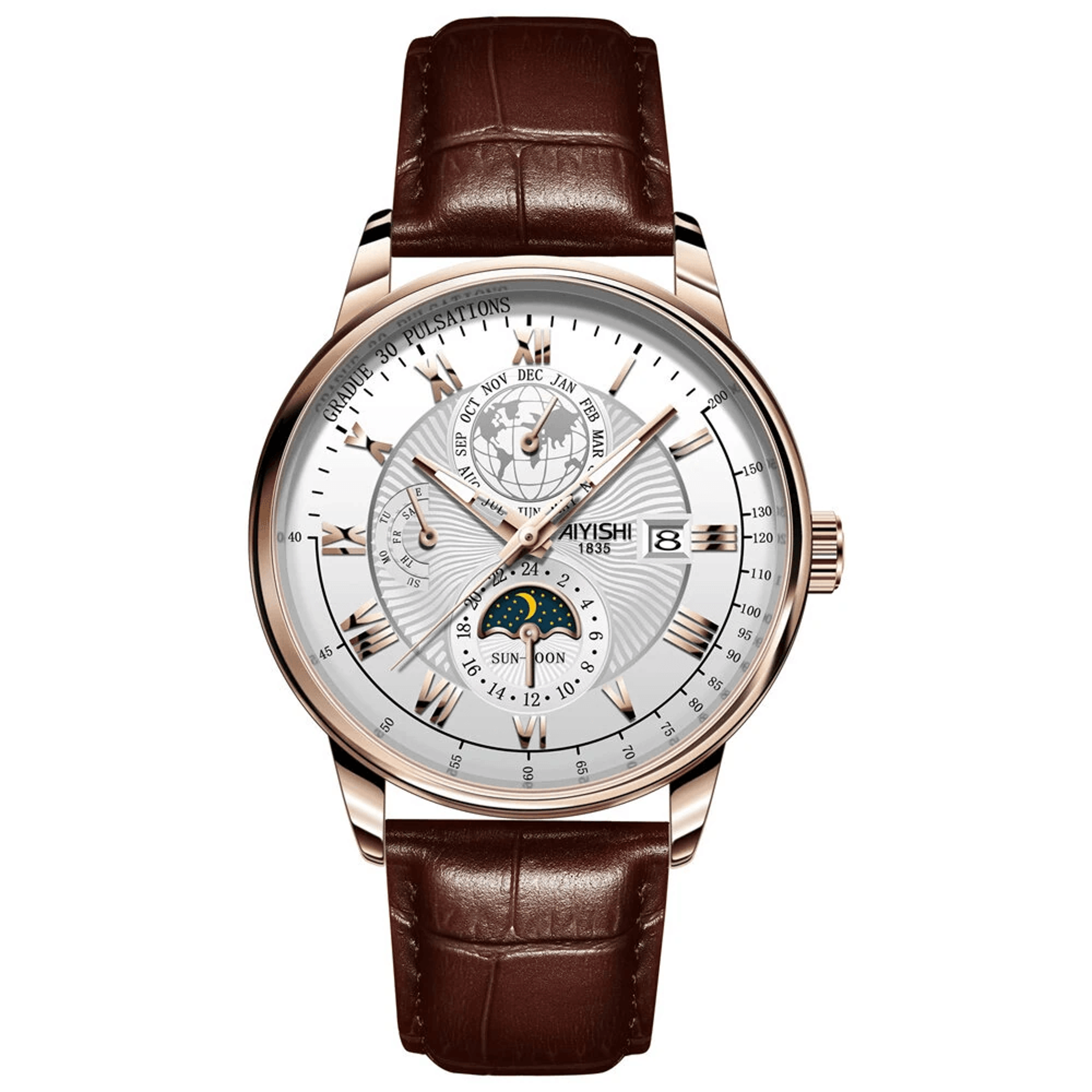 luxury men's quartz watch with luminous dial date display and leather strap