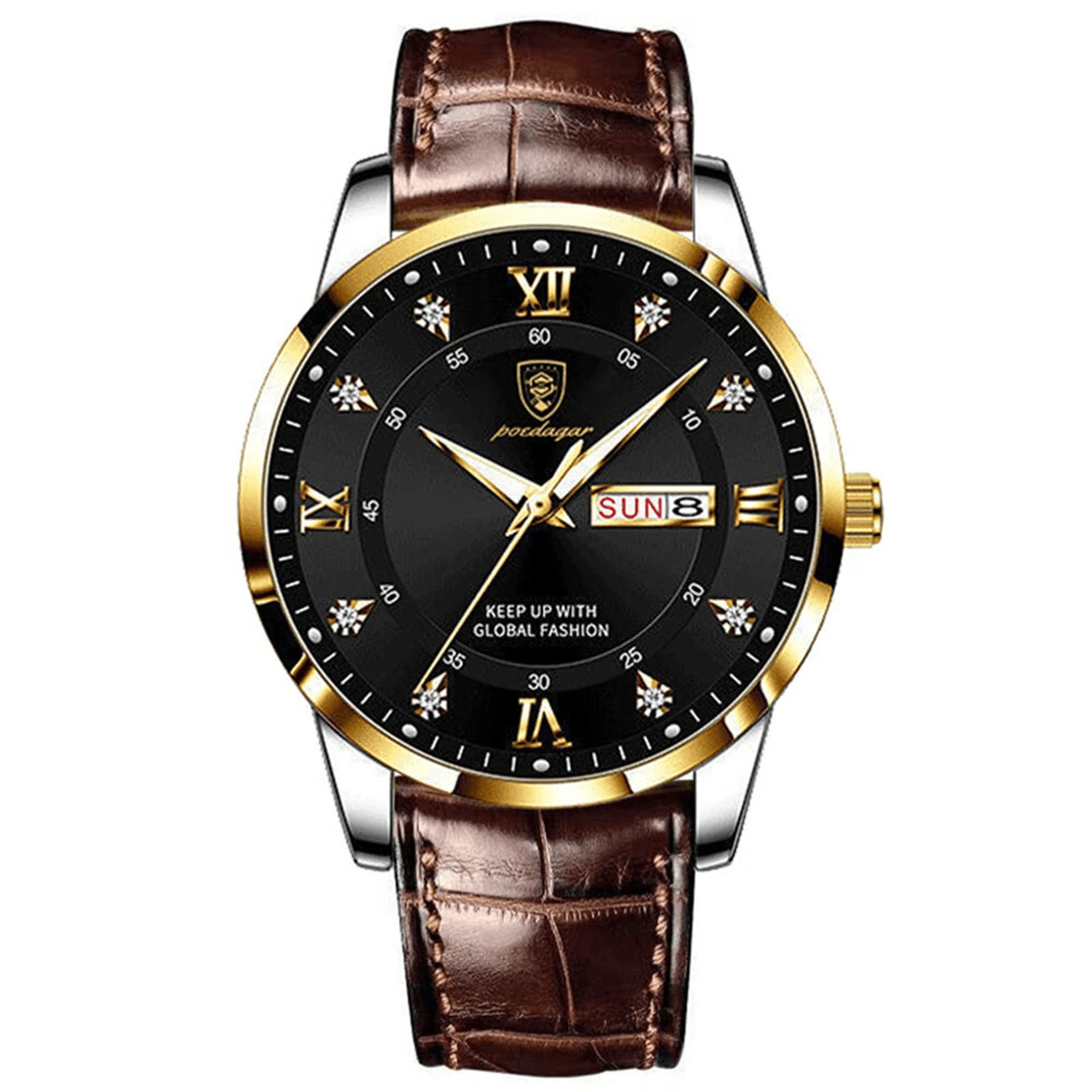 men's luxury rhinestone quartz watch with luminous display and leather strap