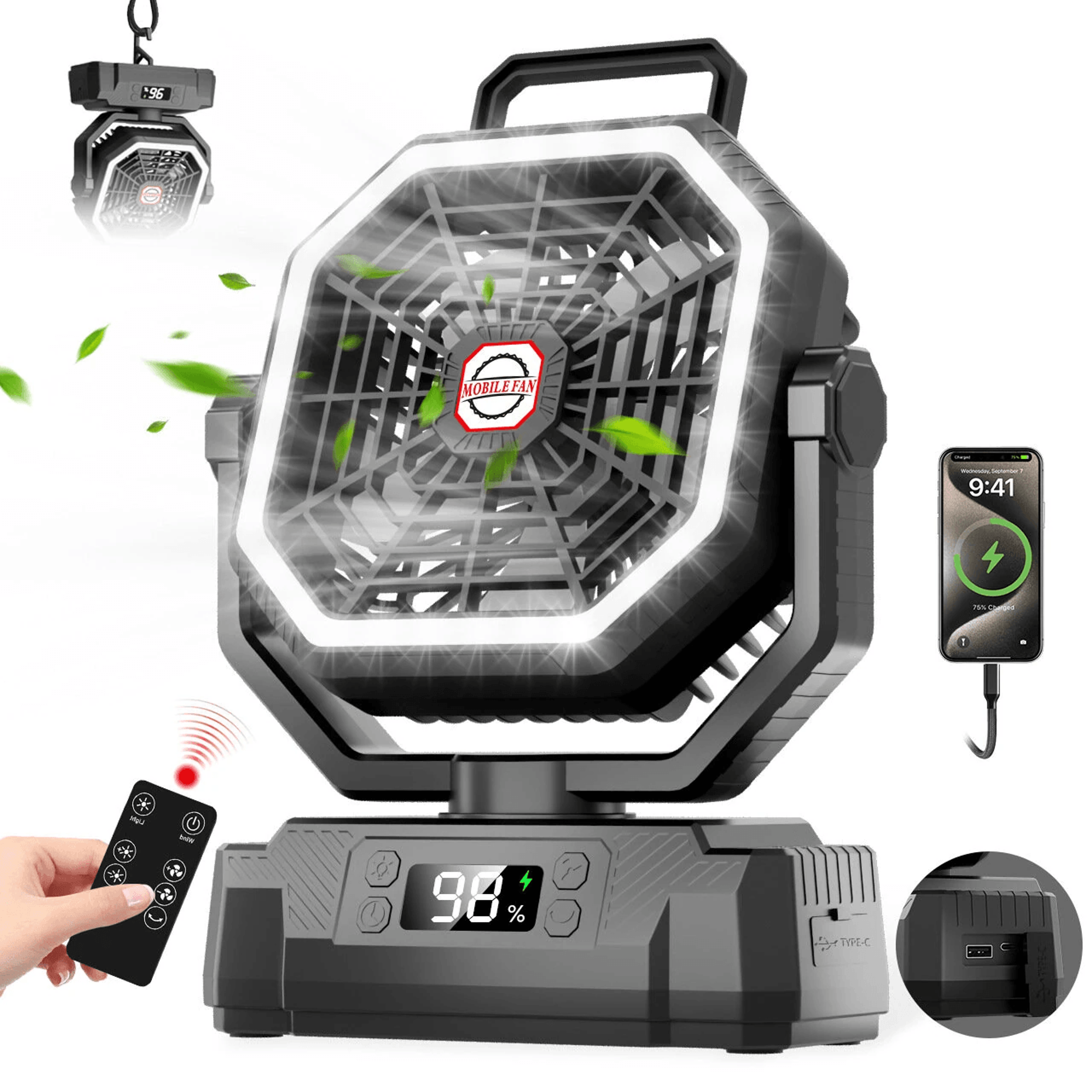 rechargeable camping fan with led light battery remote control and speeds