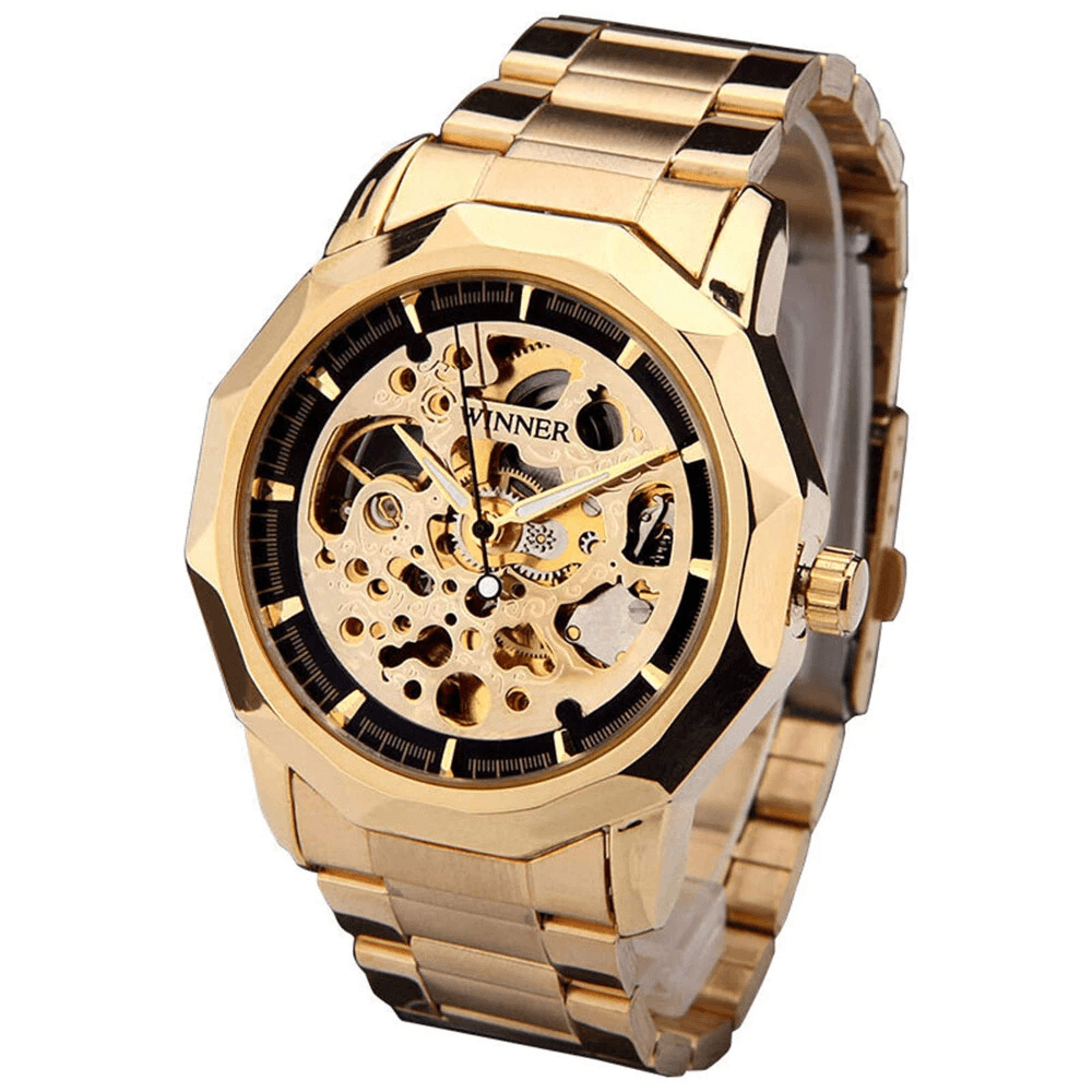 automatic skeleton mechanical watch for men with gold steel band and retro dial
