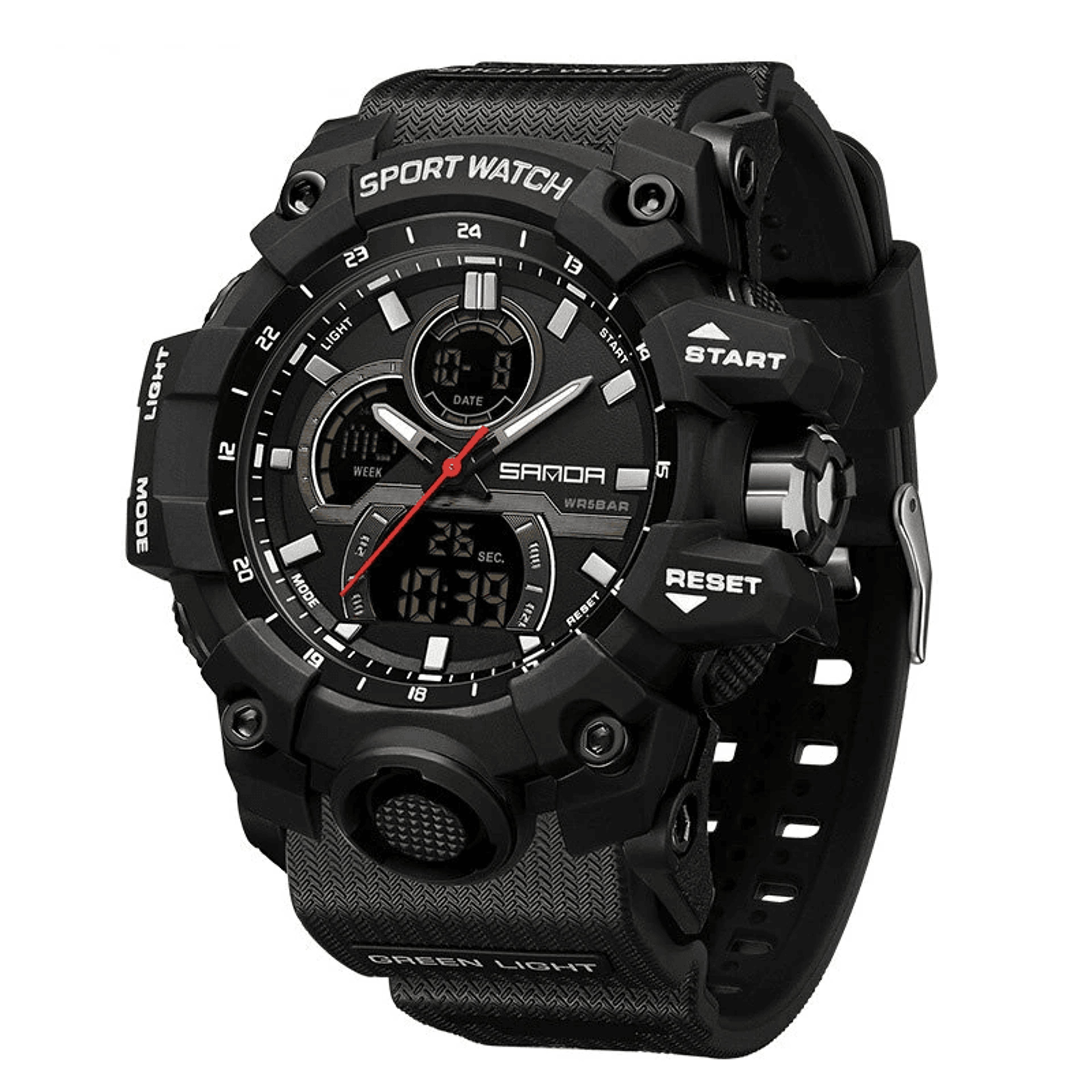 men's dual display waterproof sports watch with luminous dial and stopwatch