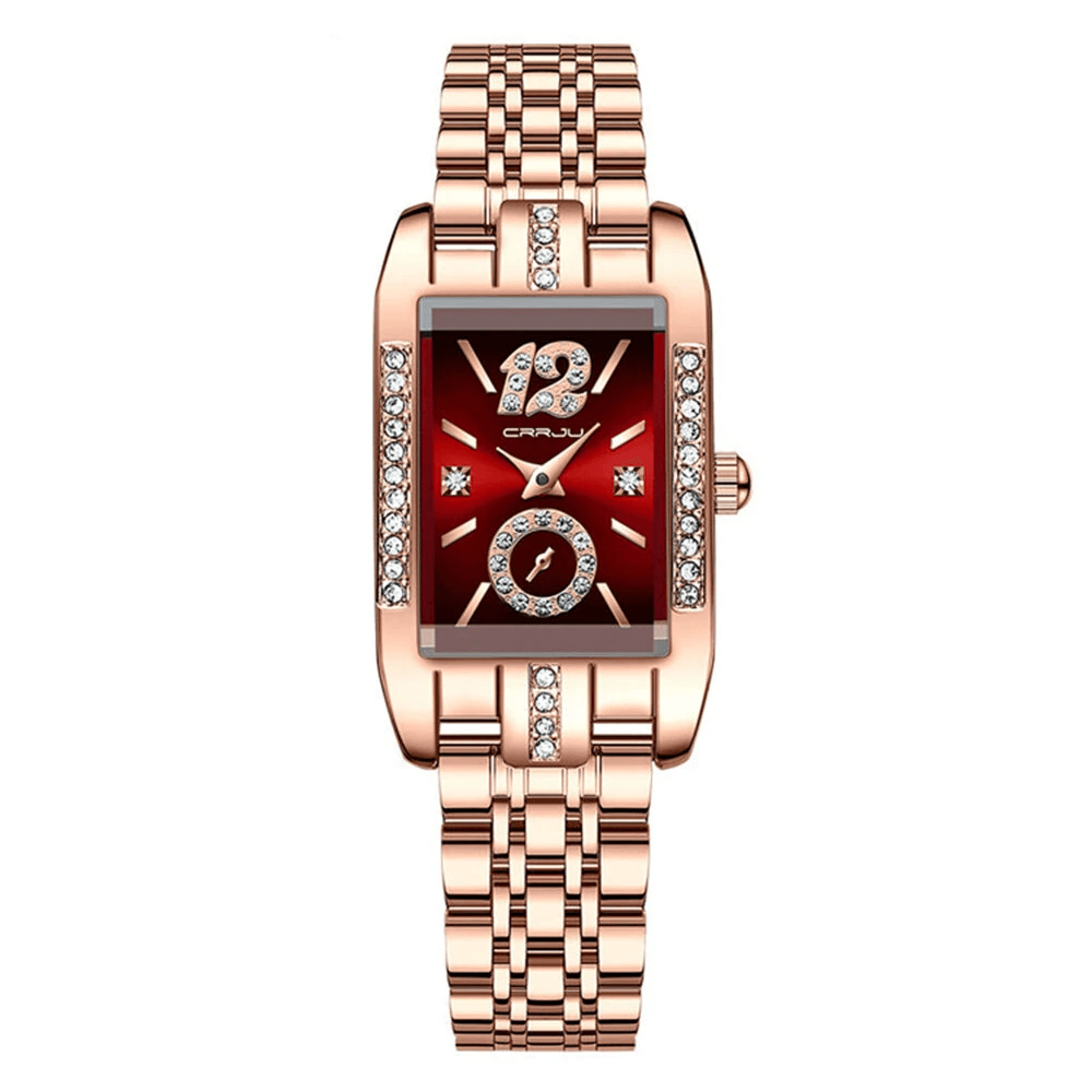 rectangular womens quartz watch with rhinestone dial and stainless steel strap
