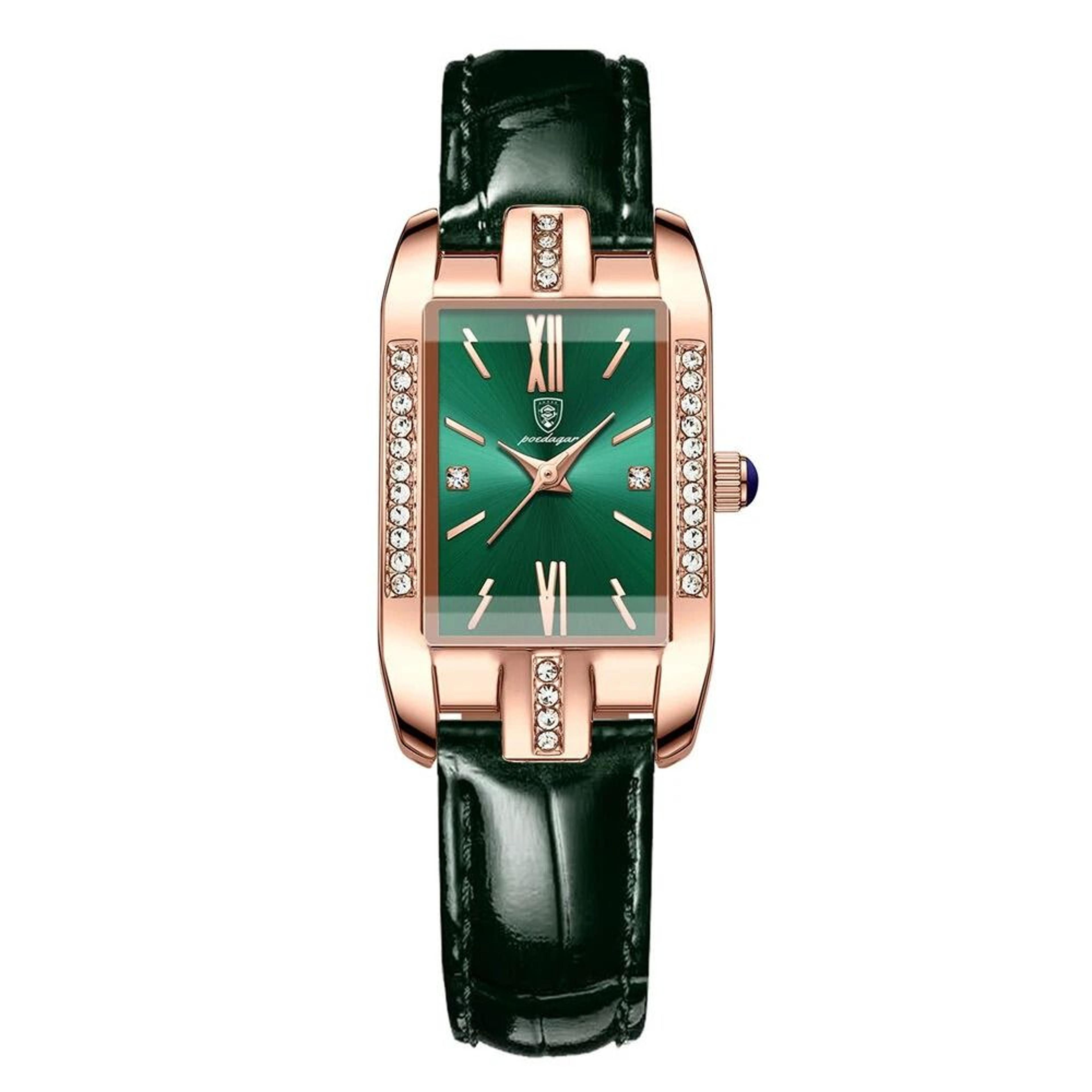 elegant rectangular quartz watch for women with leather strap and crystal accents