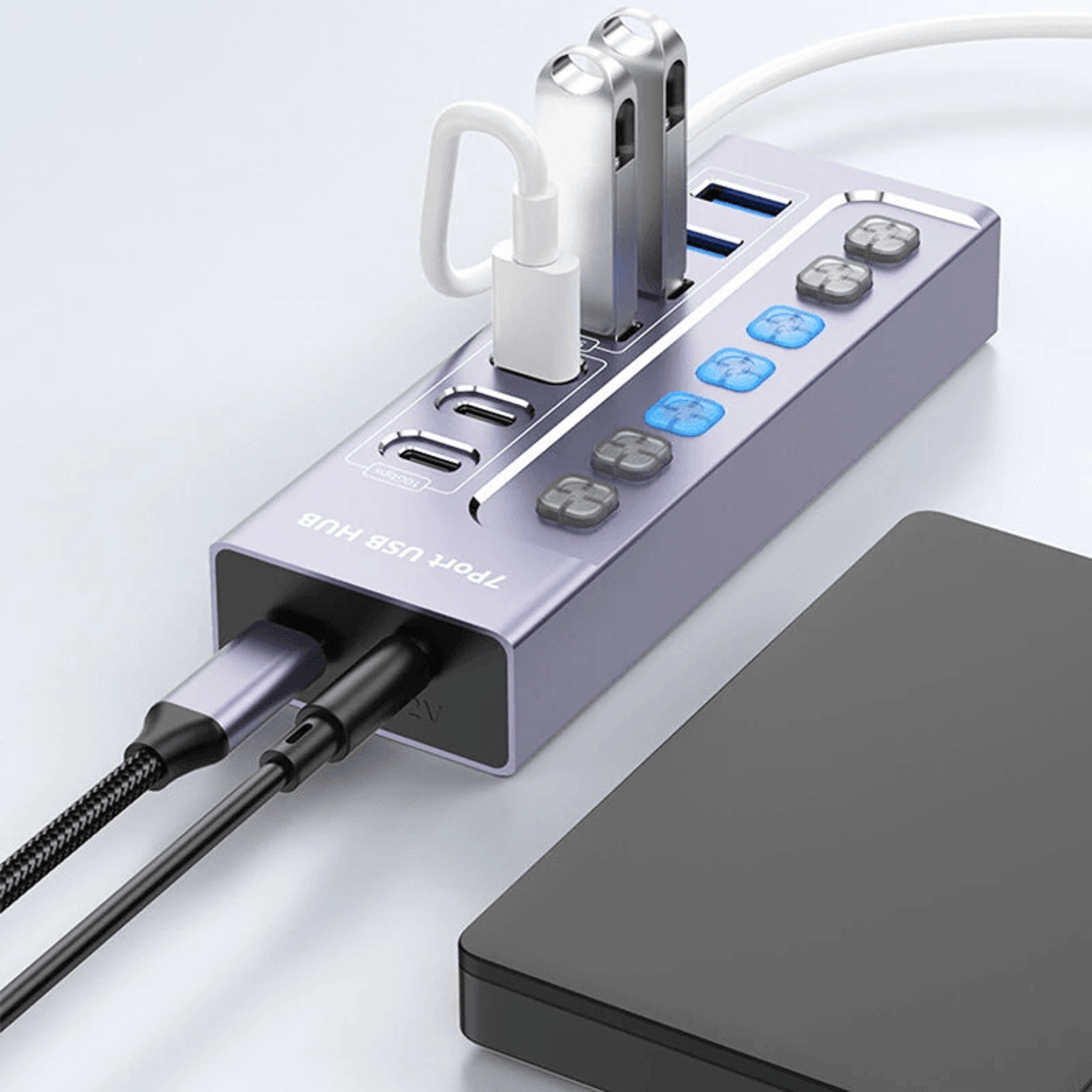 port powered usb hub with usb c and usb a high speed data ports and independent switches