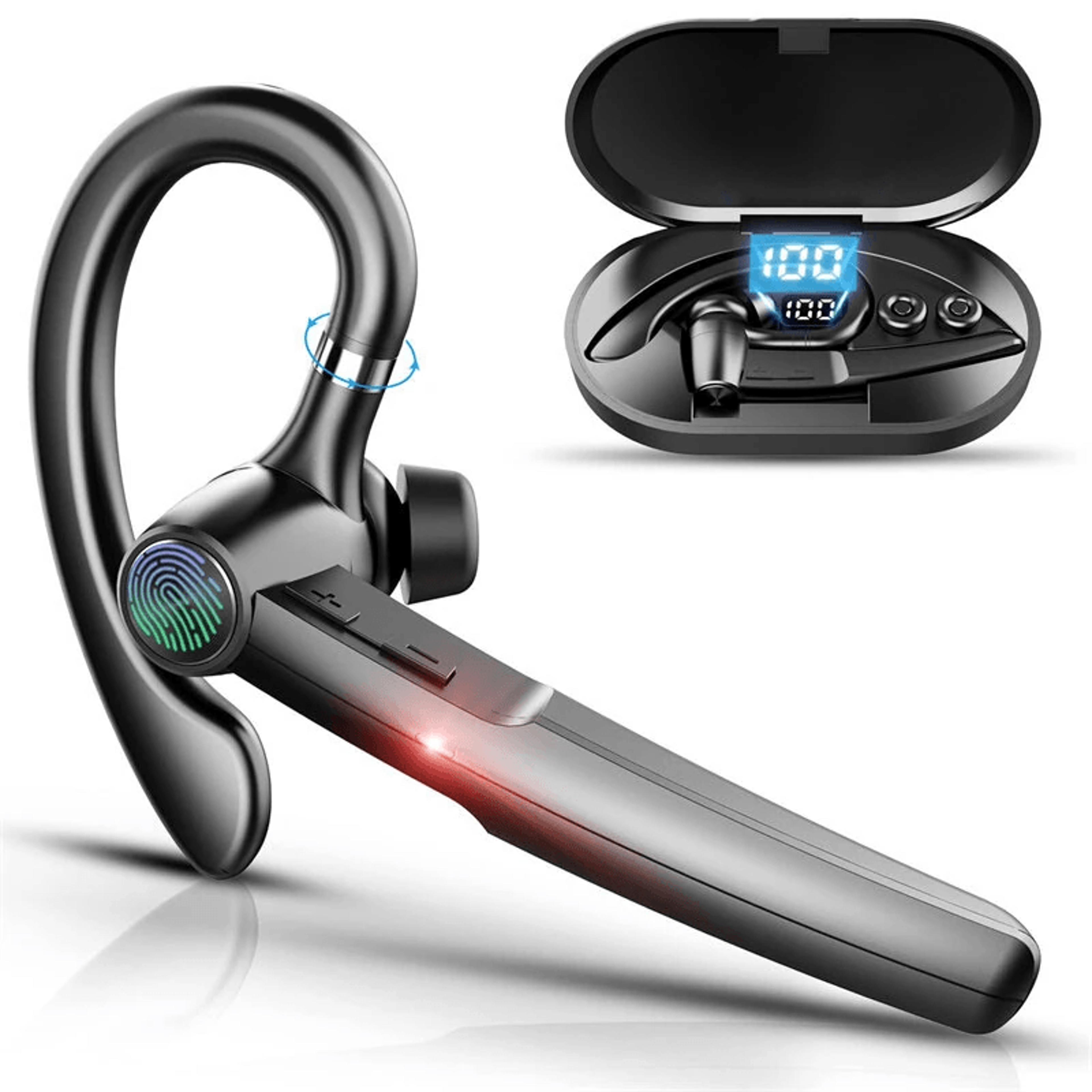 wireless bluetooth earhook headset with dual mic noise cancelling and charging case
