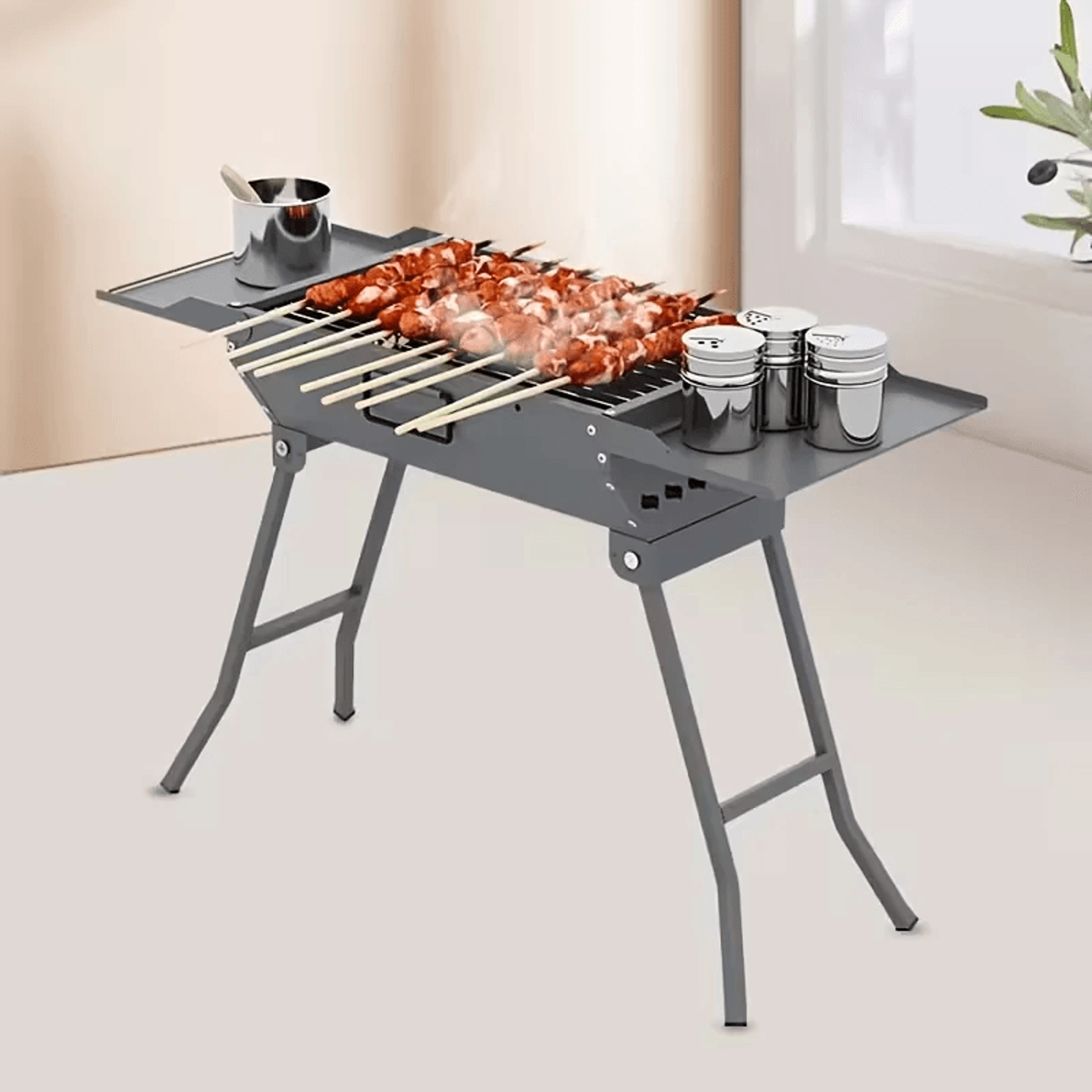 portable folding bbq grill with side shelves for camping picnics and outdoor cooking