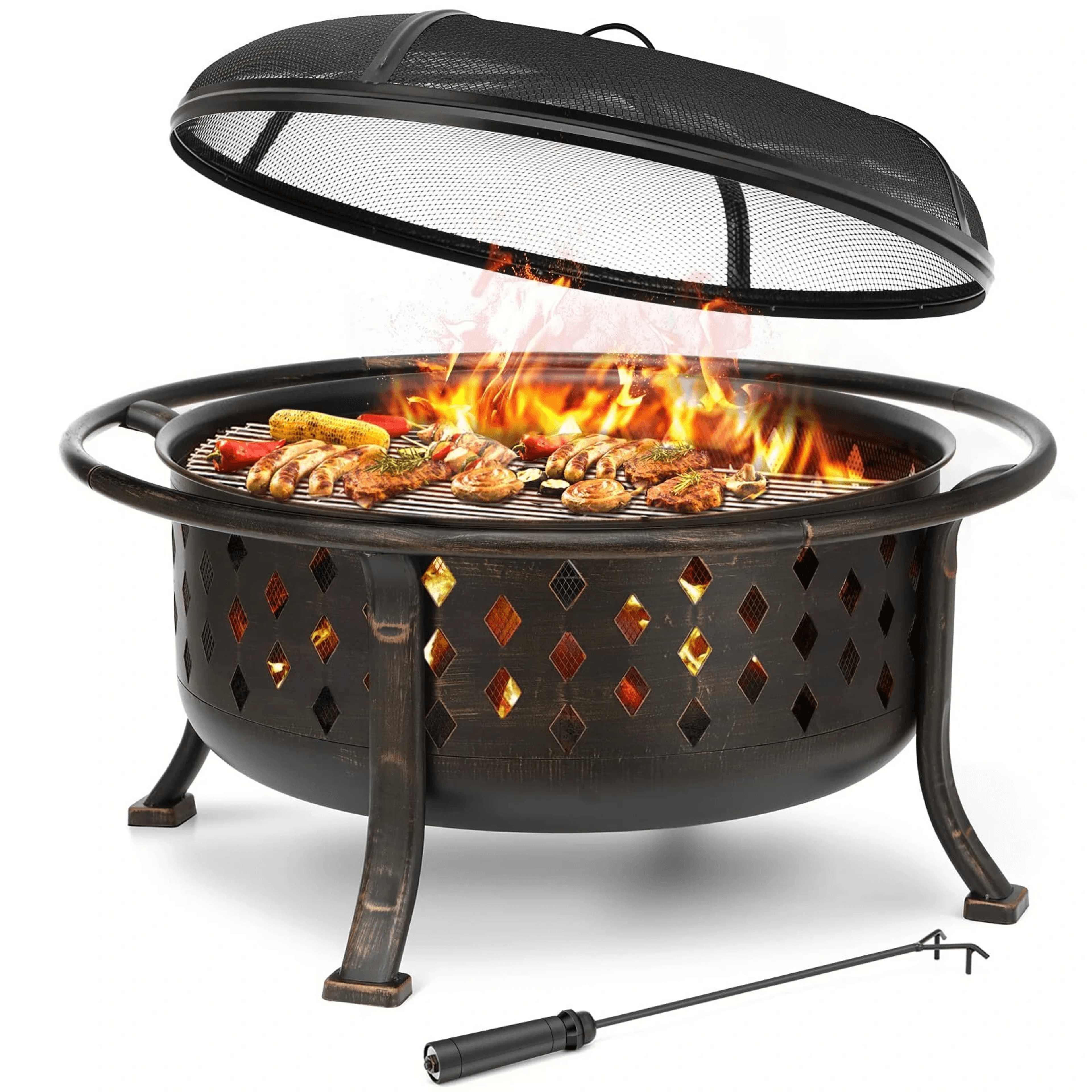 large outdoor wood burning fire pit with bbq grill and spark screen
