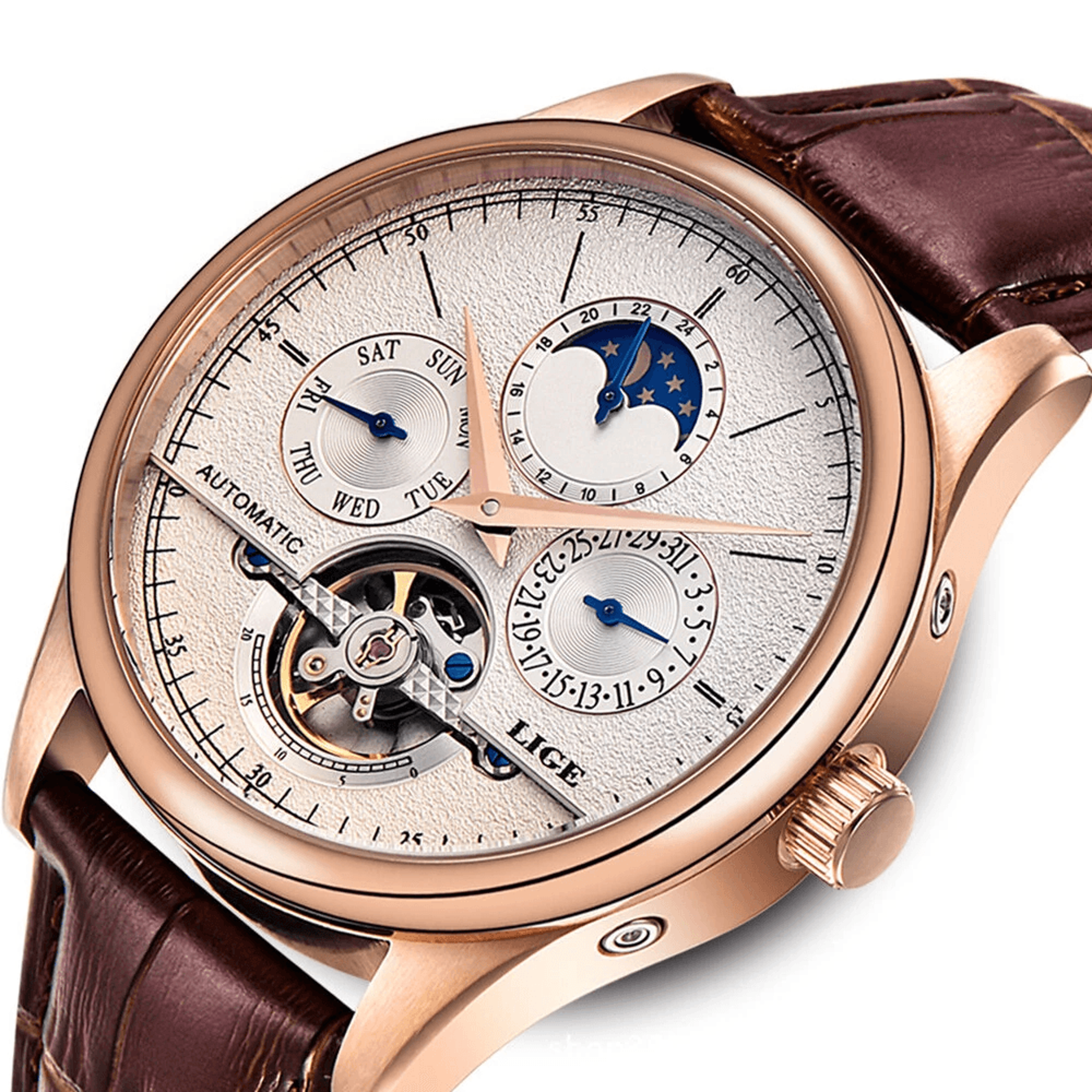 mens automatic mechanical watch with genuine leather strap and multifunction dial