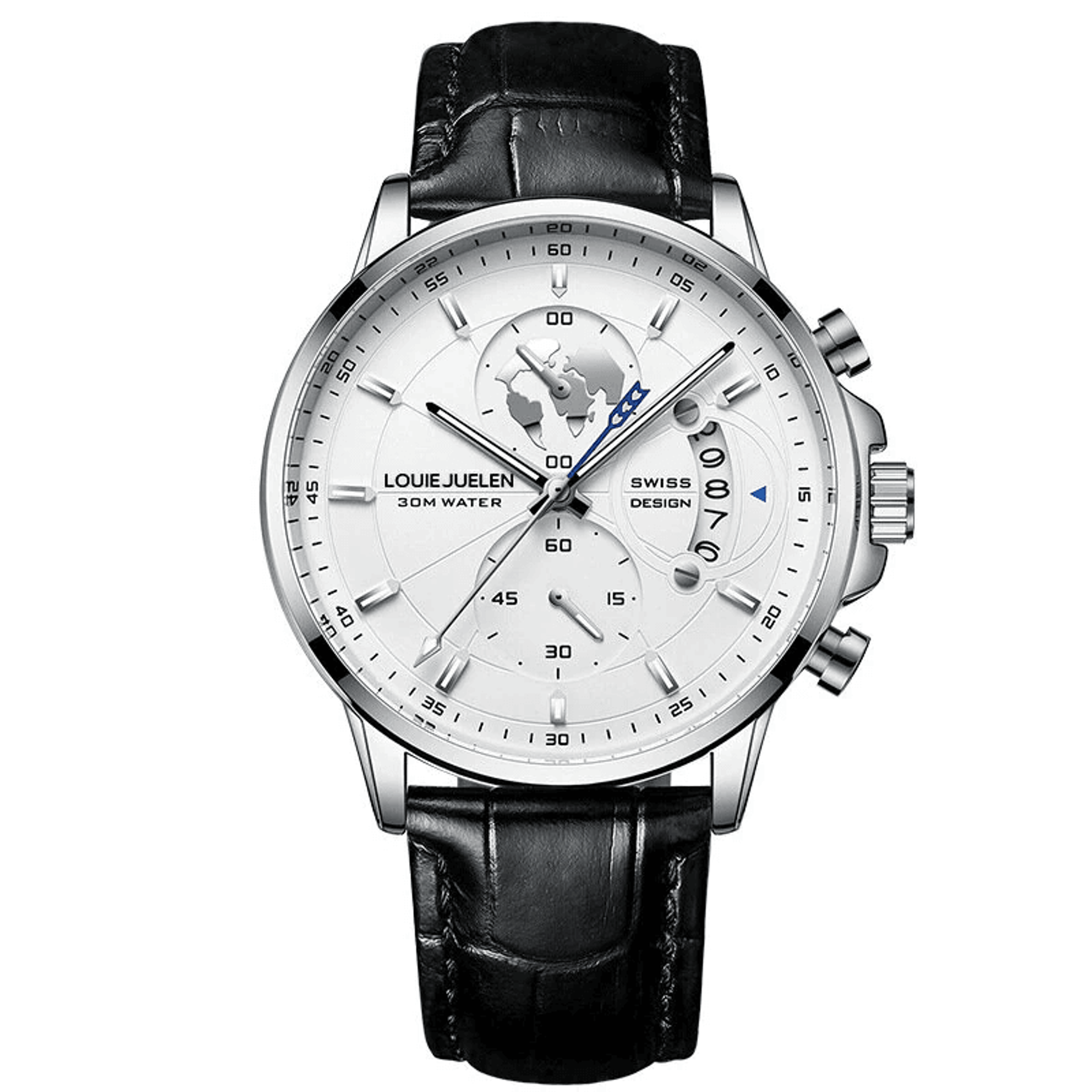 men's quartz chronograph watch with leather band luminous dial and date display