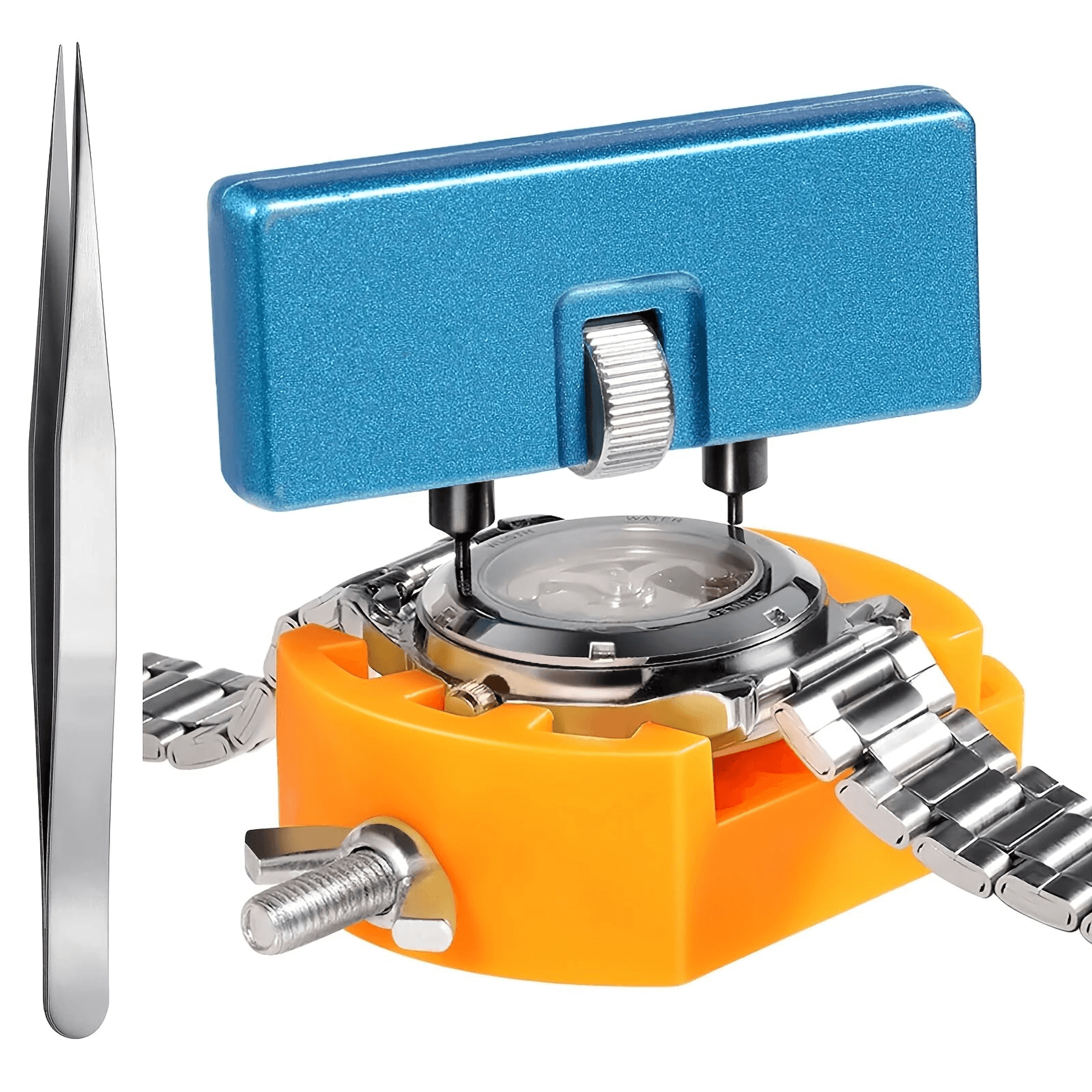 adjustable watch case back opener tool set with holder and tweezers