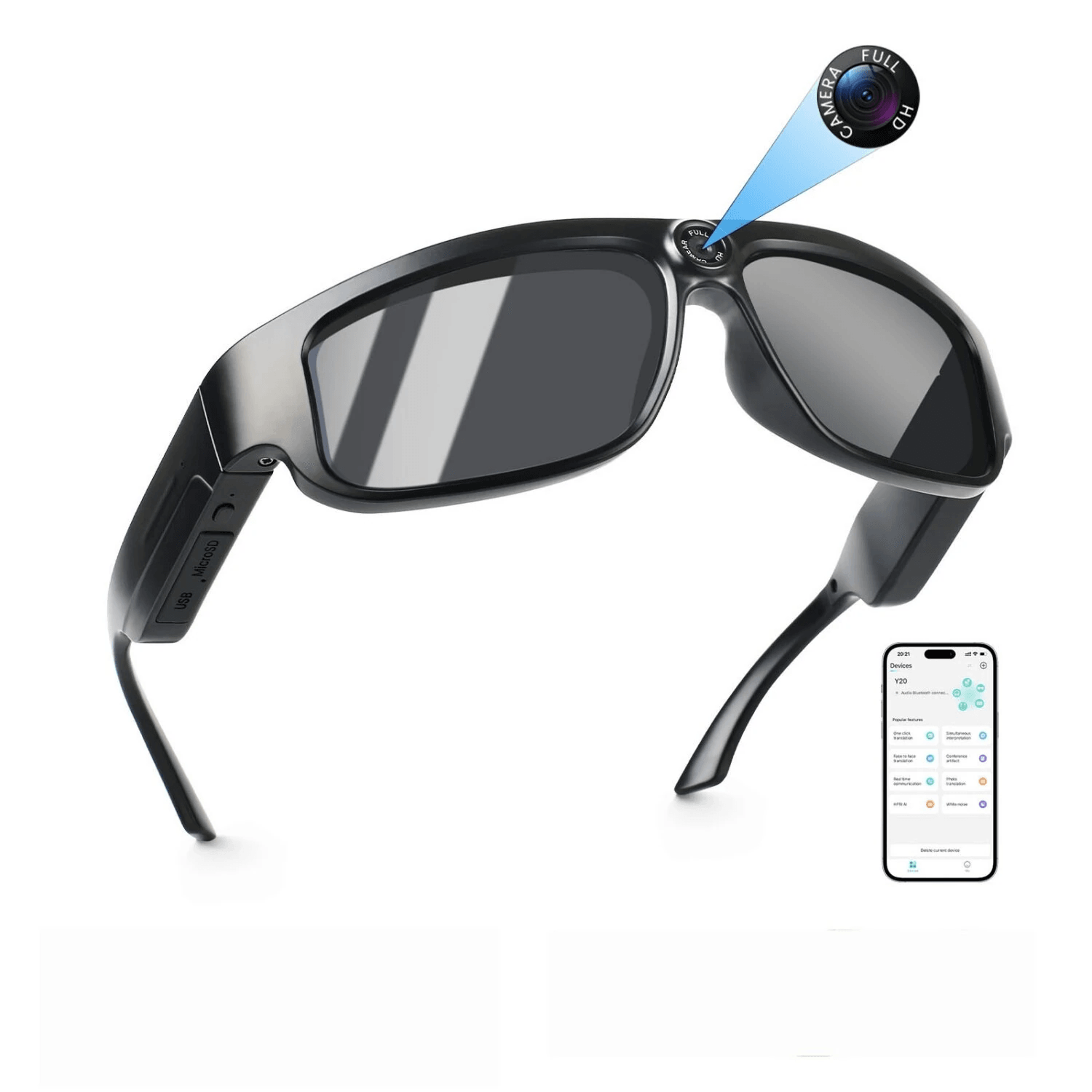 ai smart camera glasses with hd video real time translation and bluetooth audio