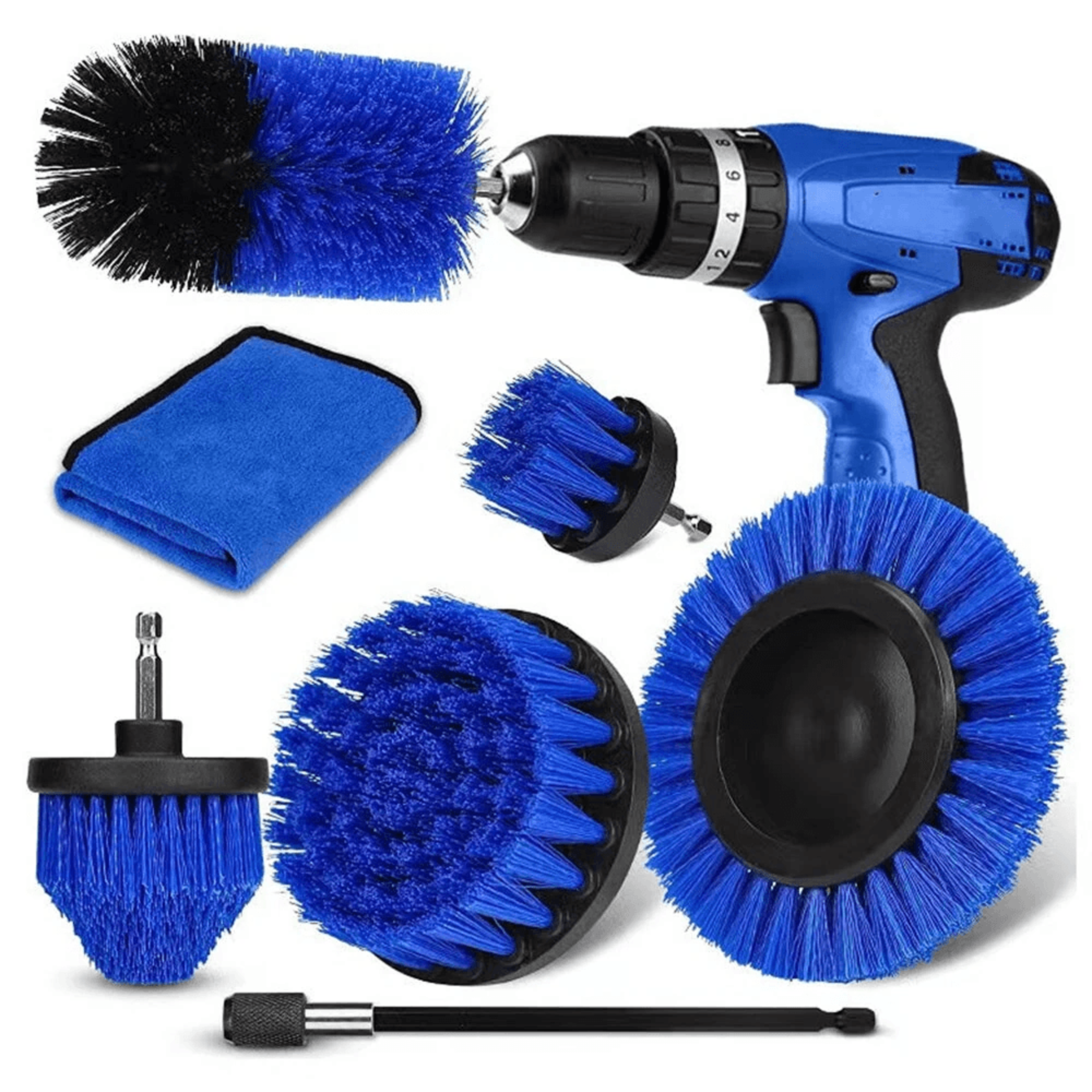 drill brush attachment set with nylon power scrubber brushes and extension rod