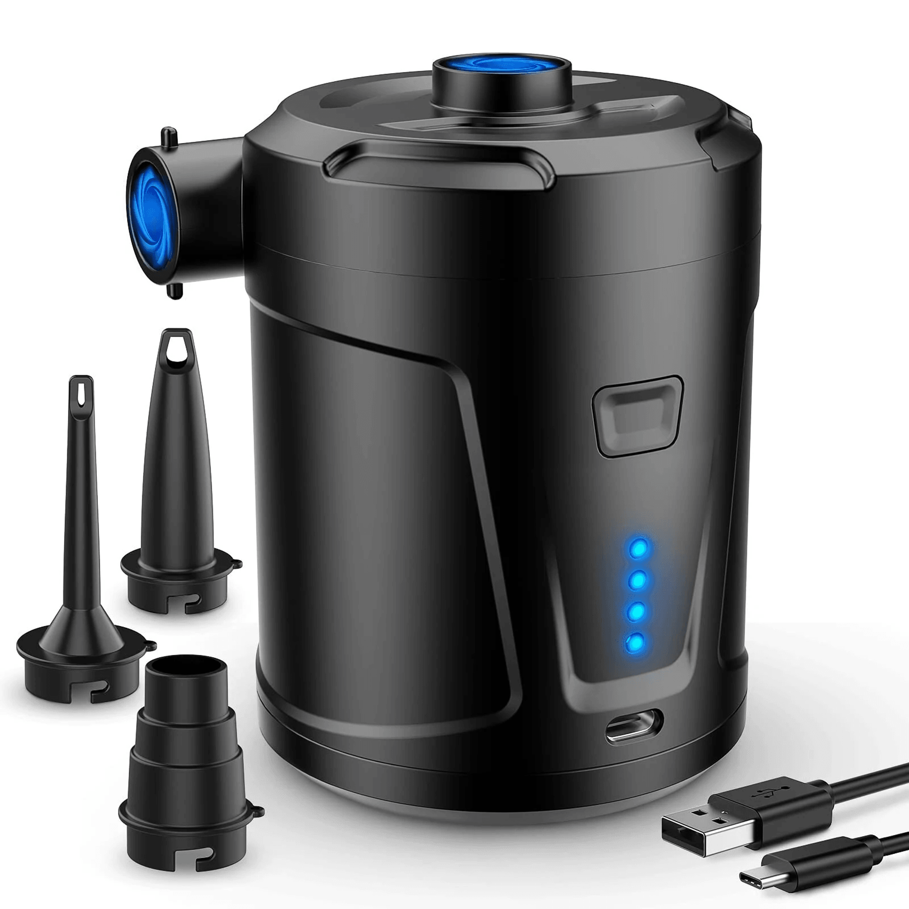 rechargeable portable electric air pump with fast inflate deflate and nozzles