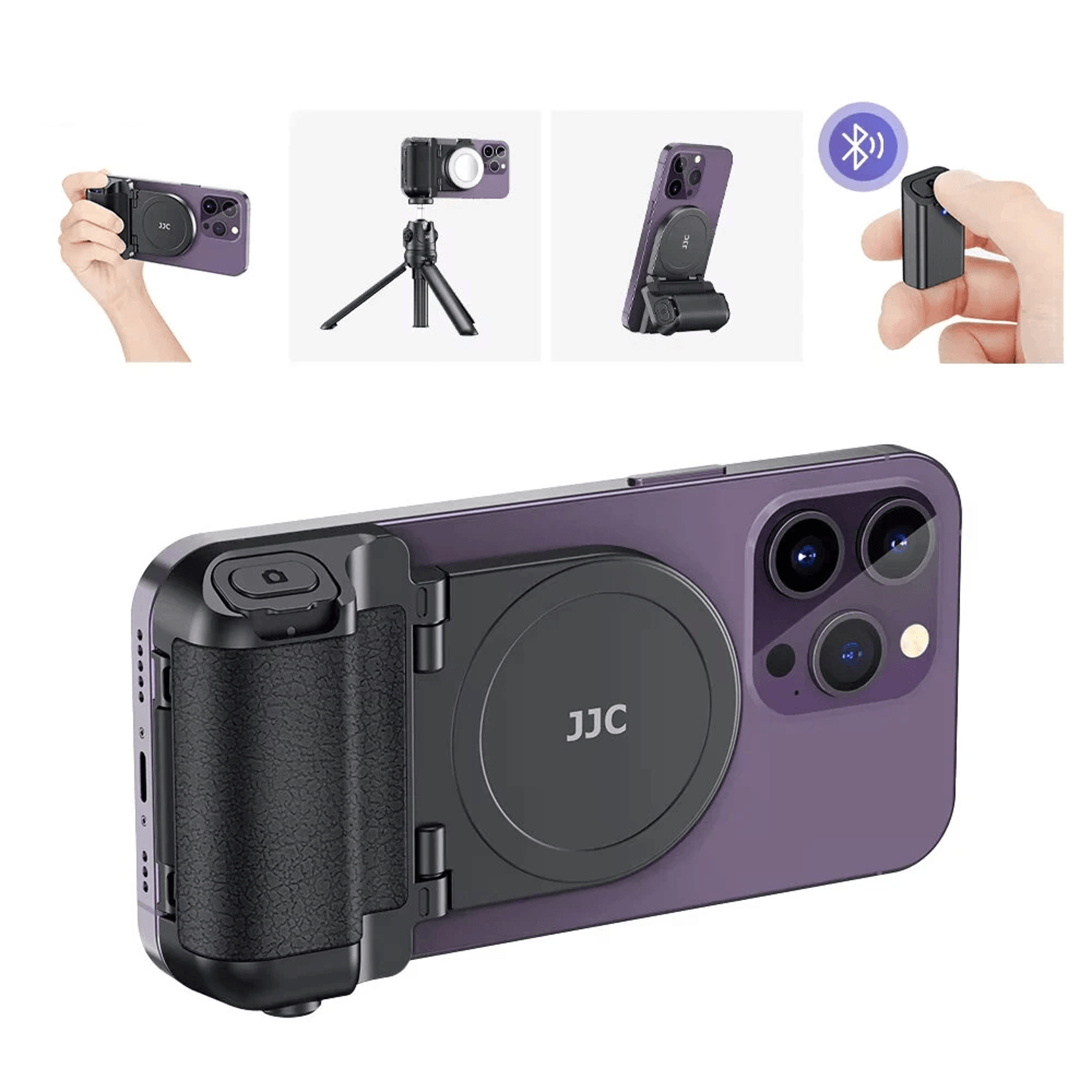 magnetic phone camera grip stand with bluetooth remote and tripod mount