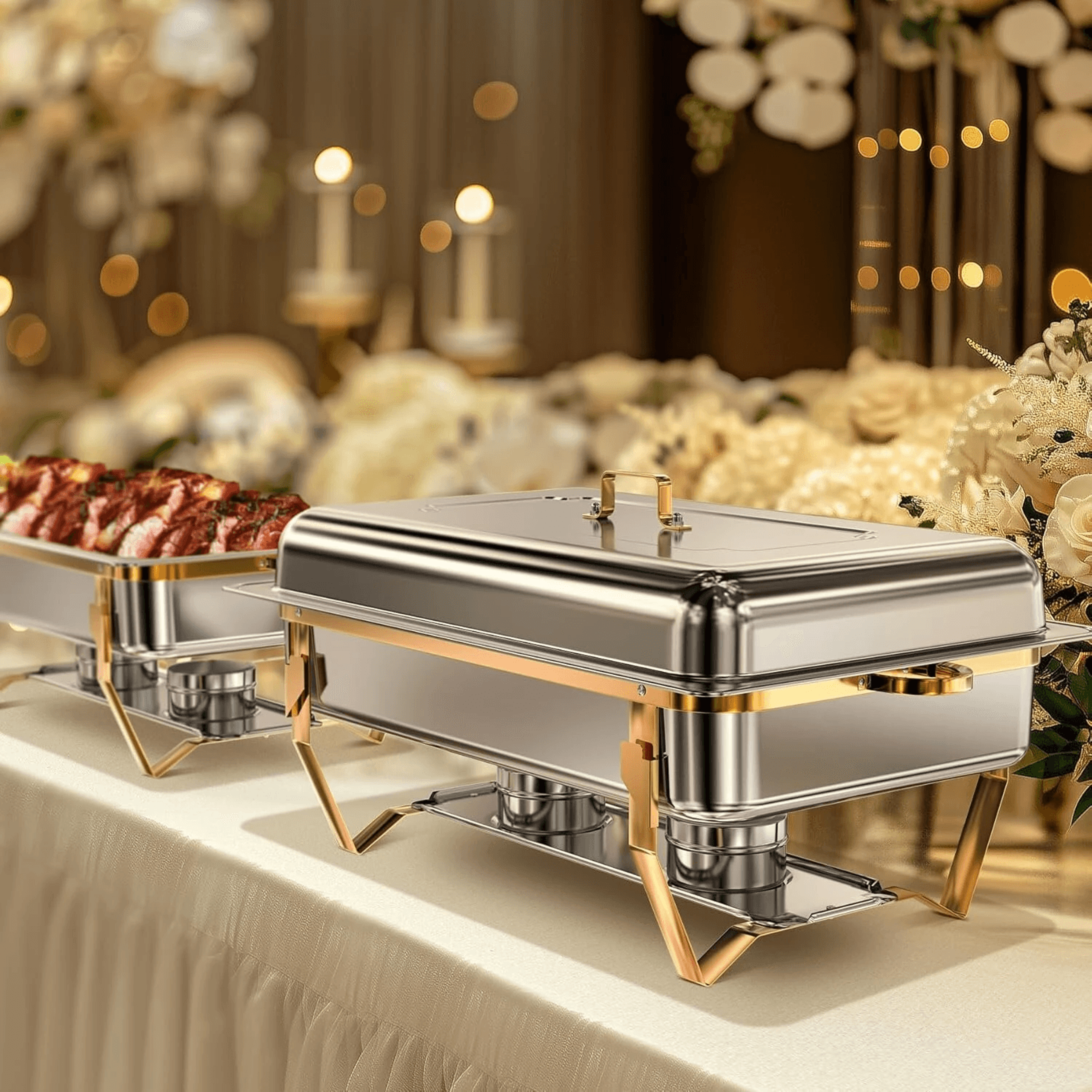 stainless steel chafing dish buffet warmer set with gold accents