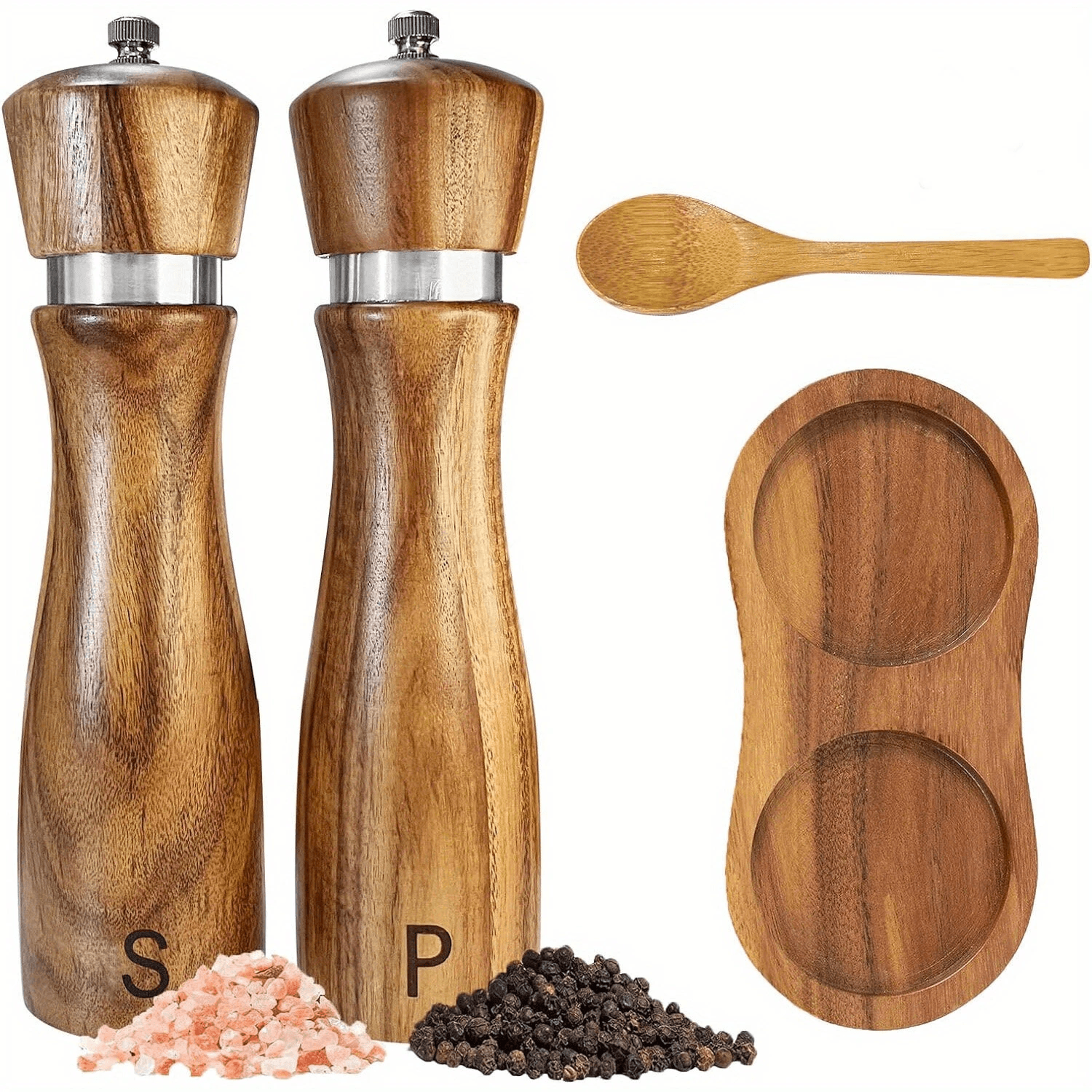 acacia wood salt and pepper grinder set with adjustable coarseness tray and spoon
