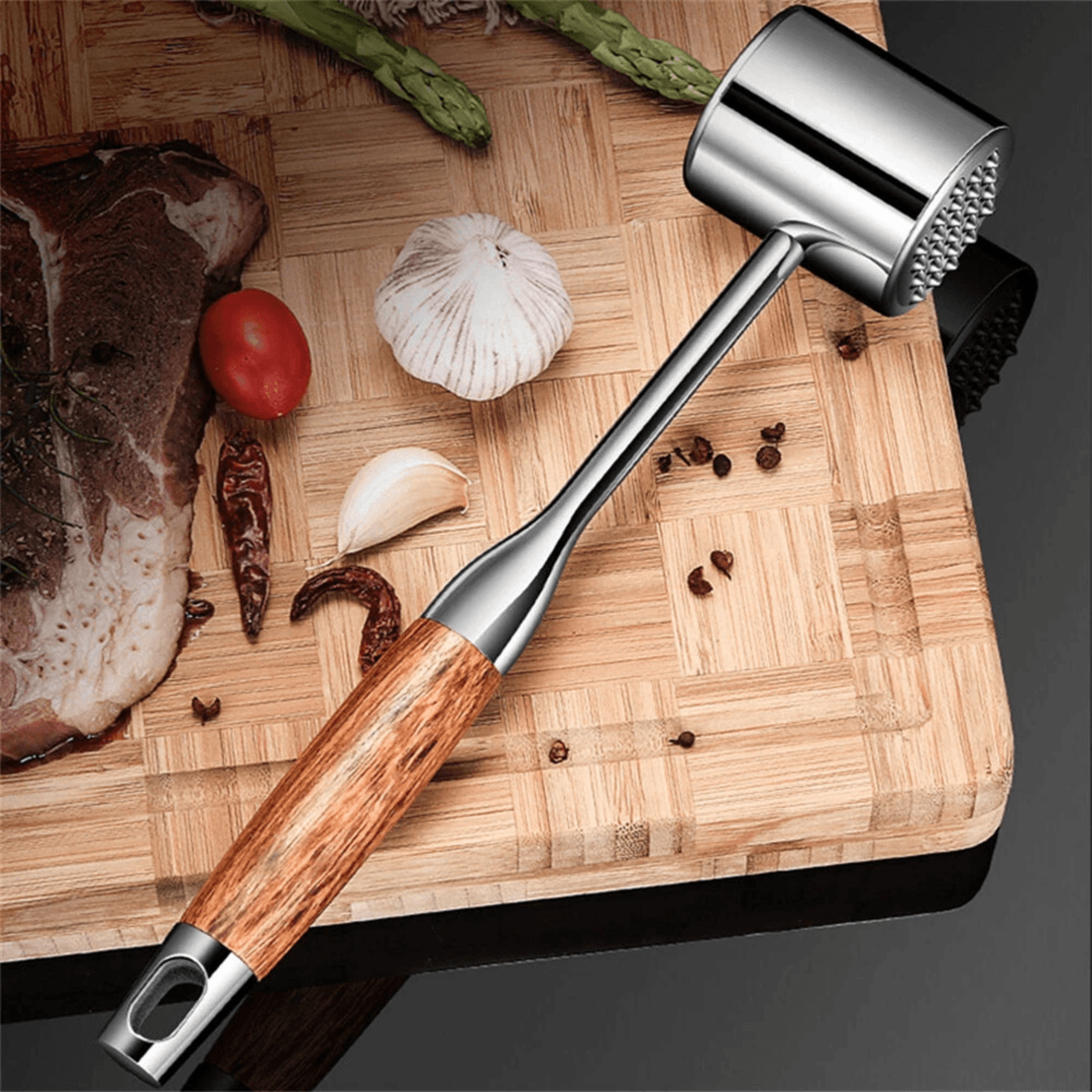dual sided stainless steel meat tenderizer with rosewood handle