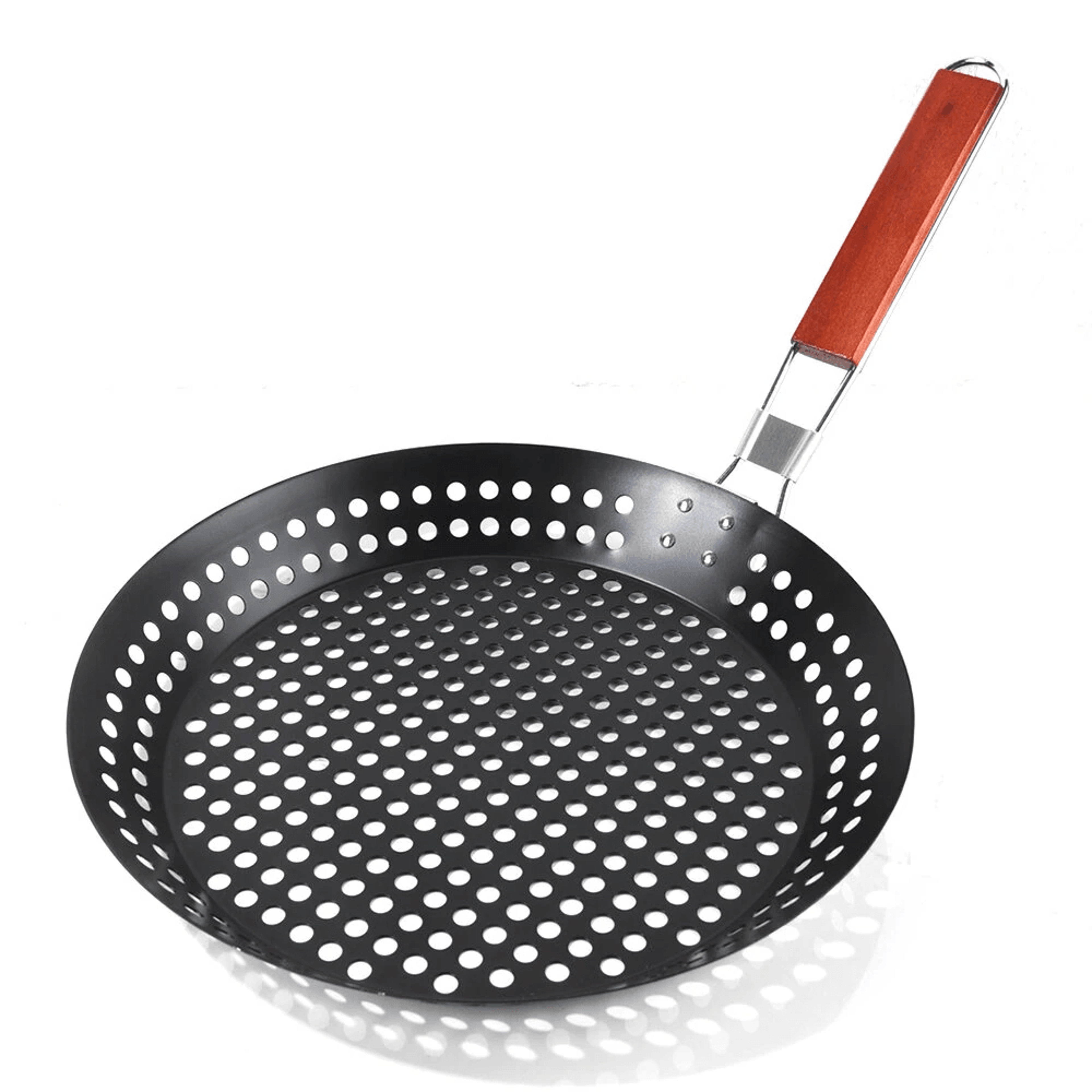 round bbq grill basket with folding handle for vegetables seafood and outdoor cooking