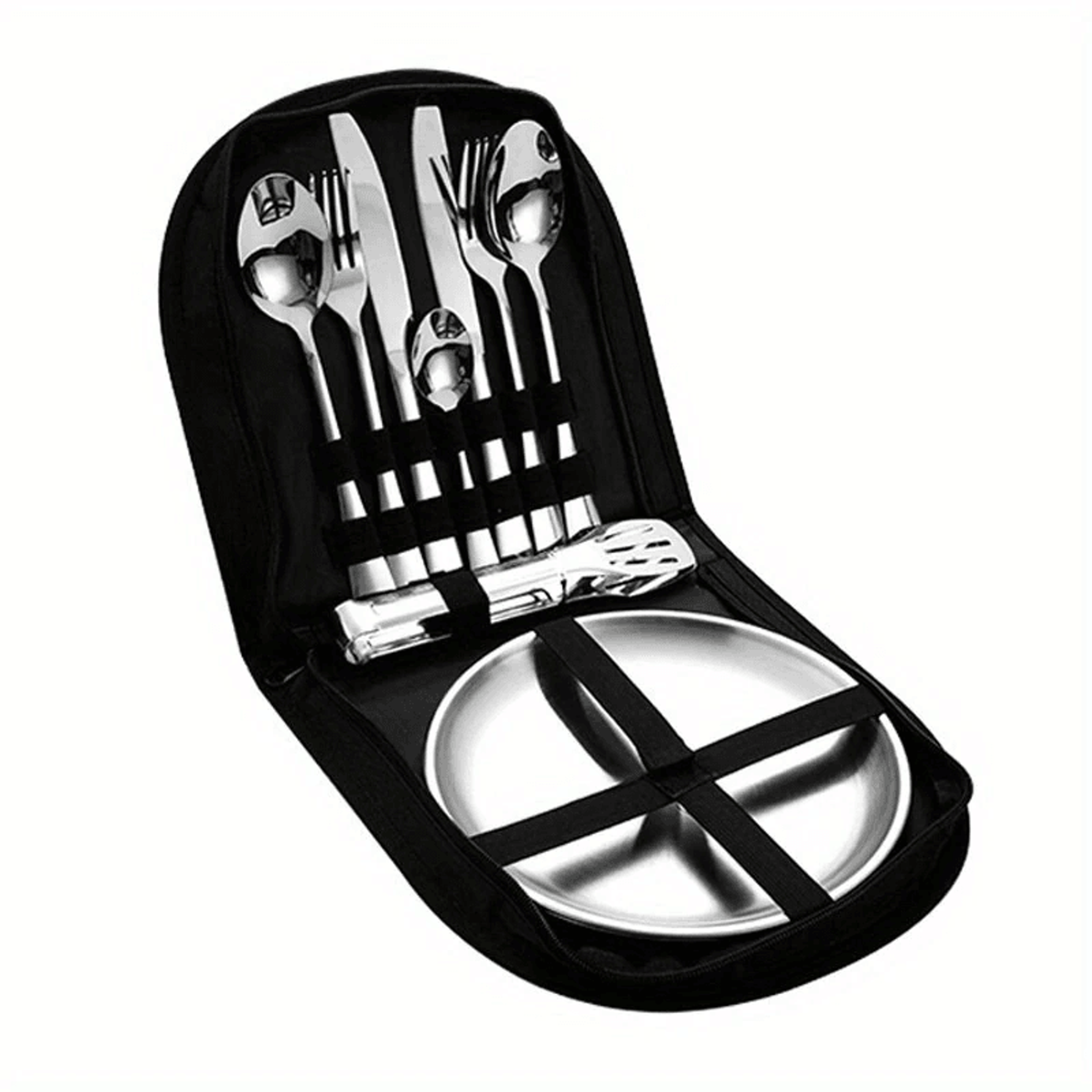 portable stainless steel camping tableware set for two with plates and cutlery