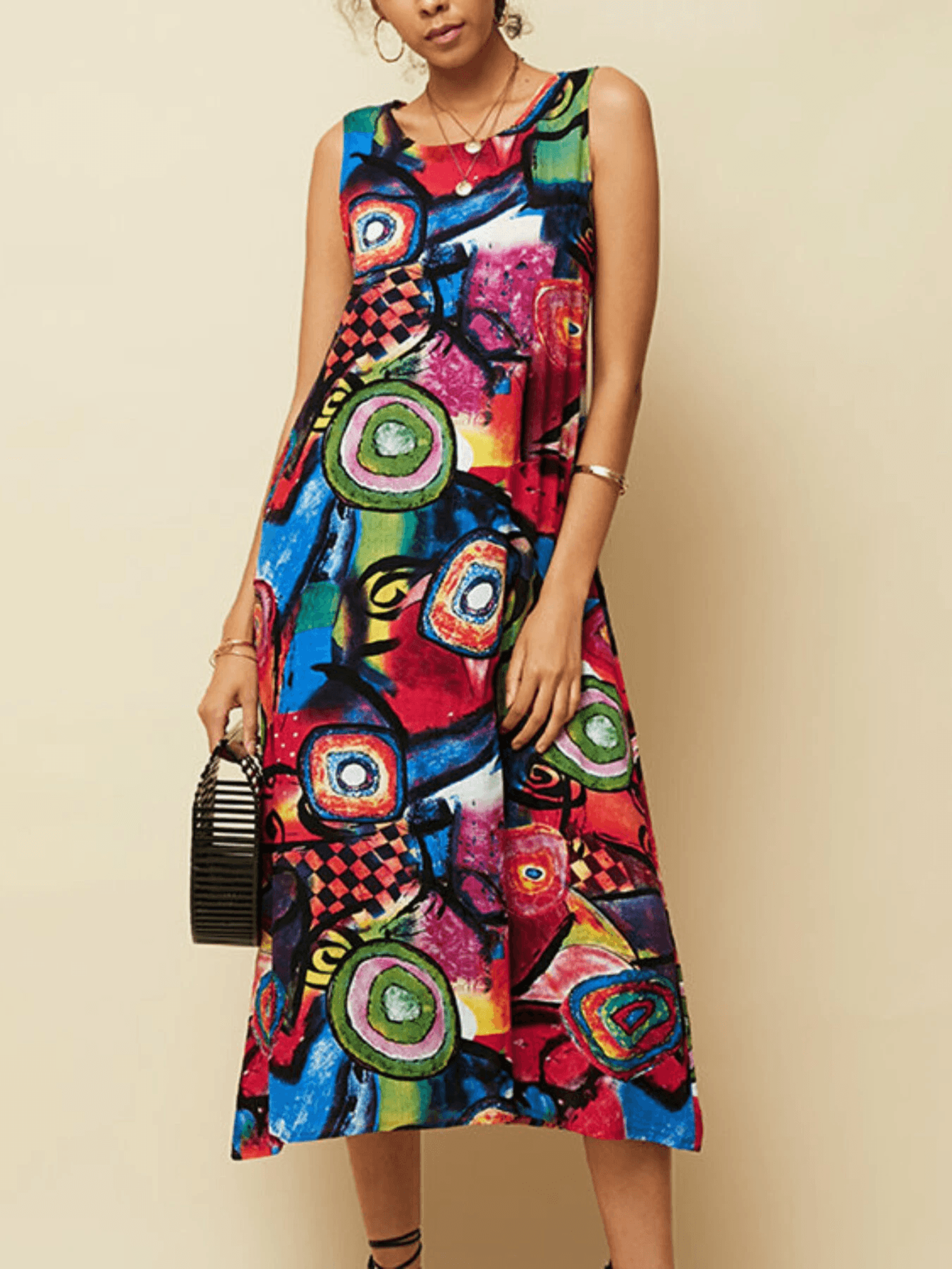 retro abstract print sleeveless maxi dress with pocket