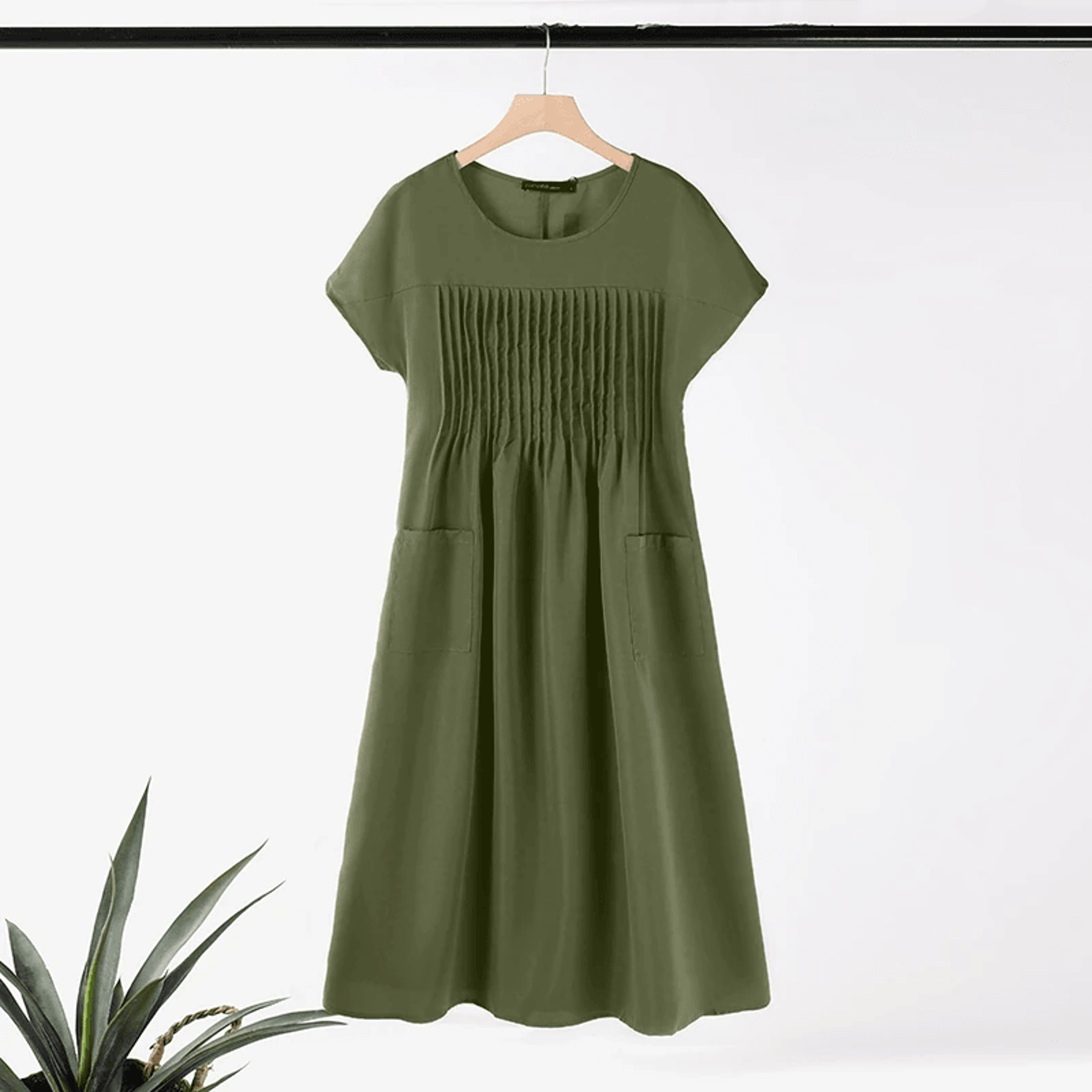 women pleated maxi dress with pockets short sleeve loose casual long dresses