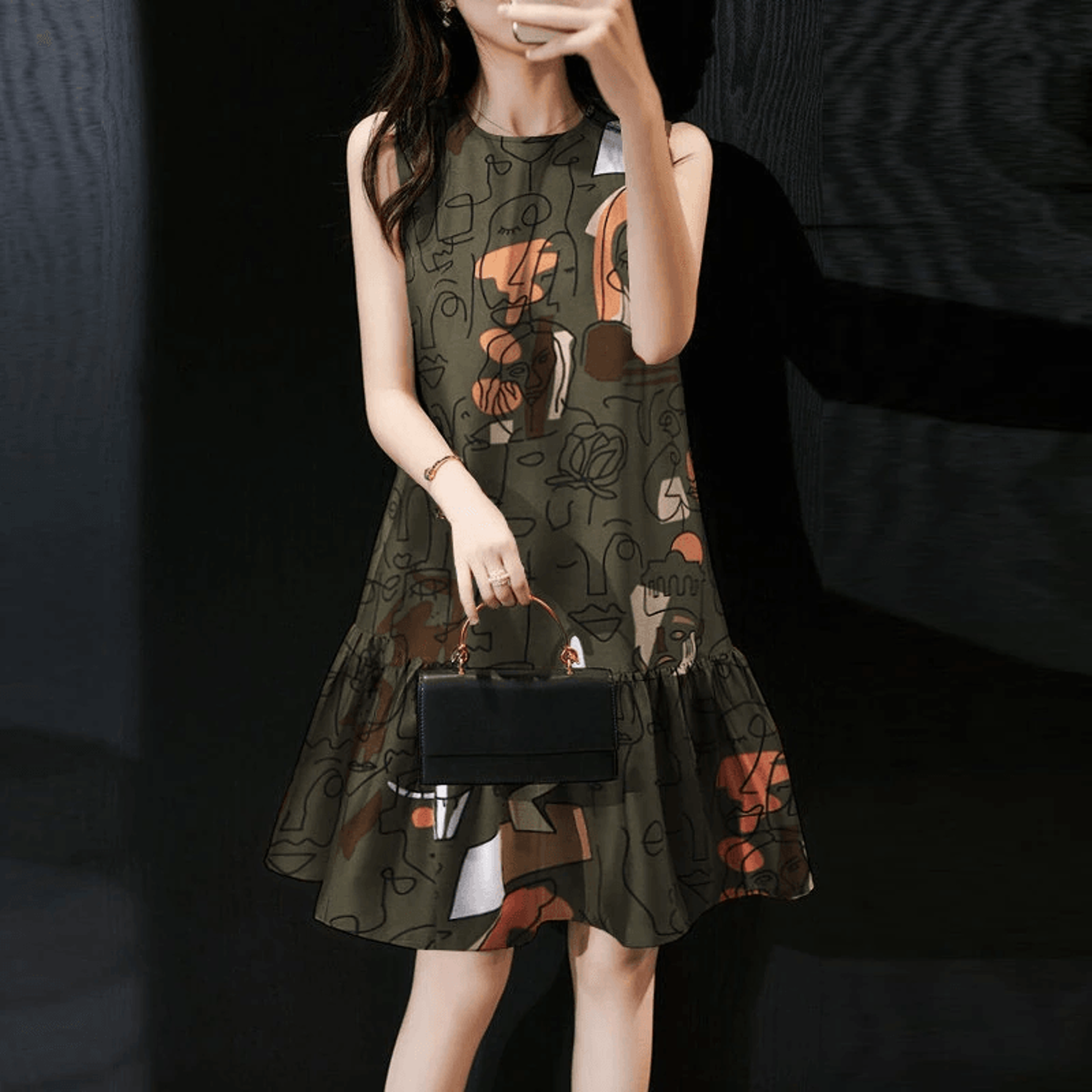 printed mermaid a line dress sleeveless round neck elegant women dresses