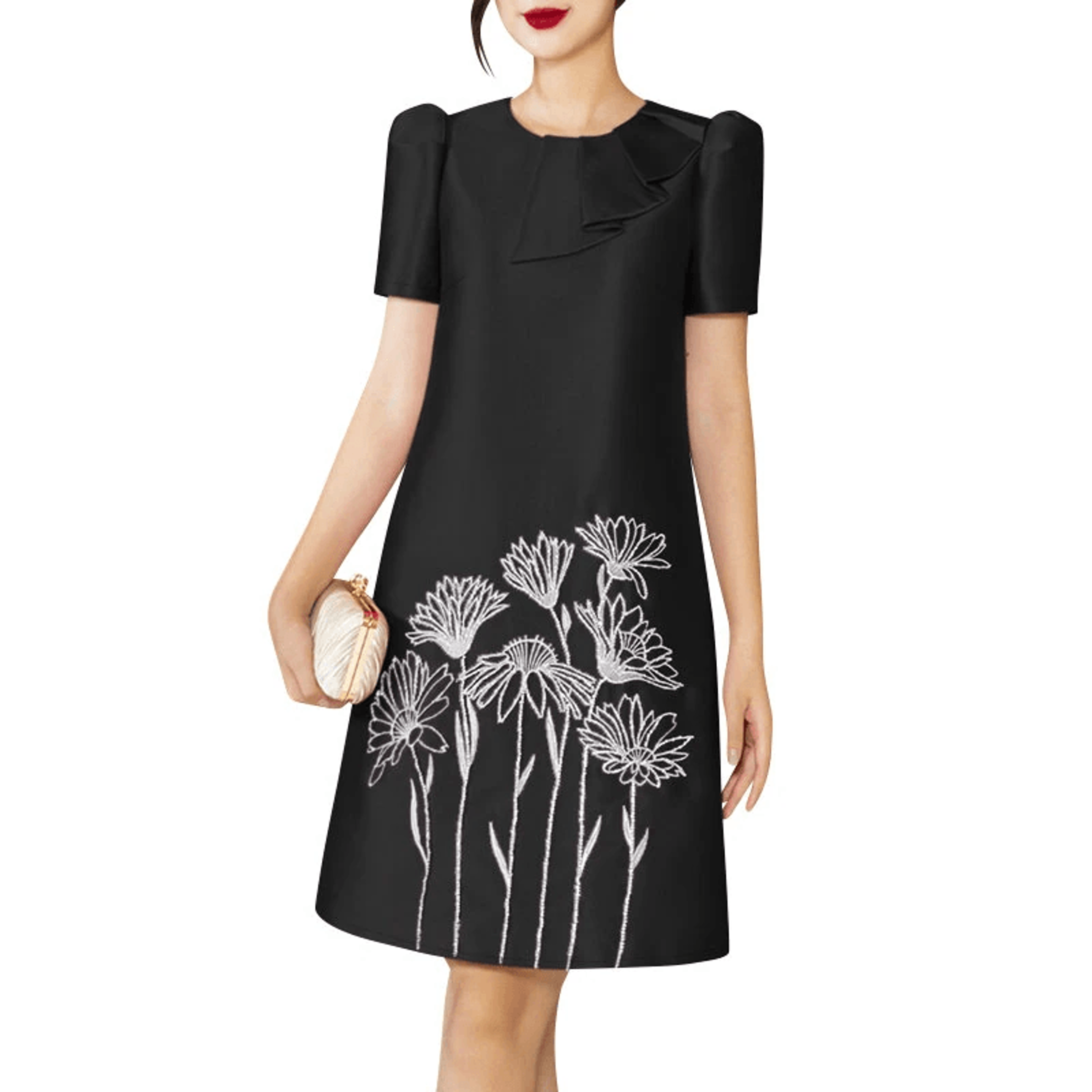 floral embroidery satin party dress with puff sleeves