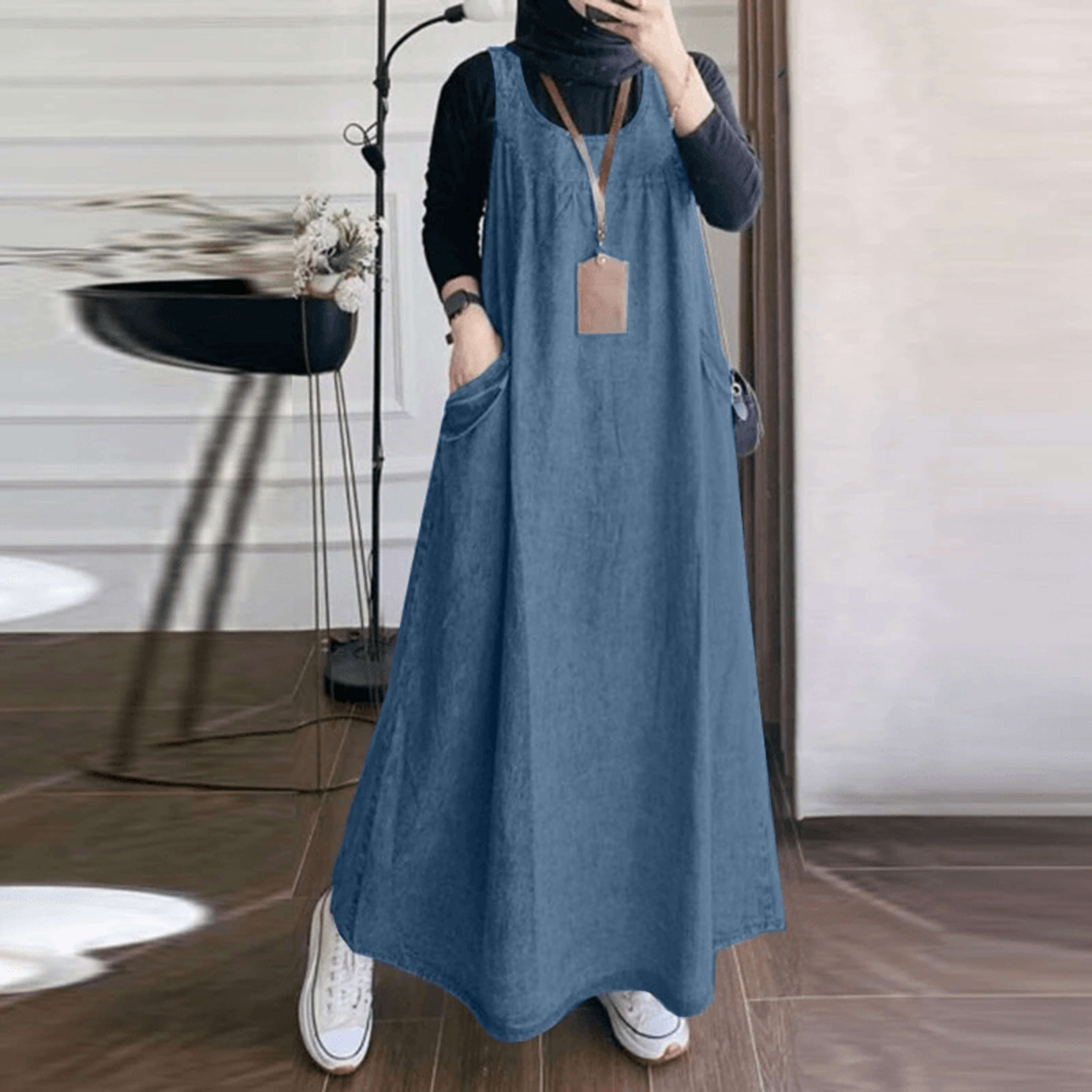 women's denim overall maxi dress with pocket