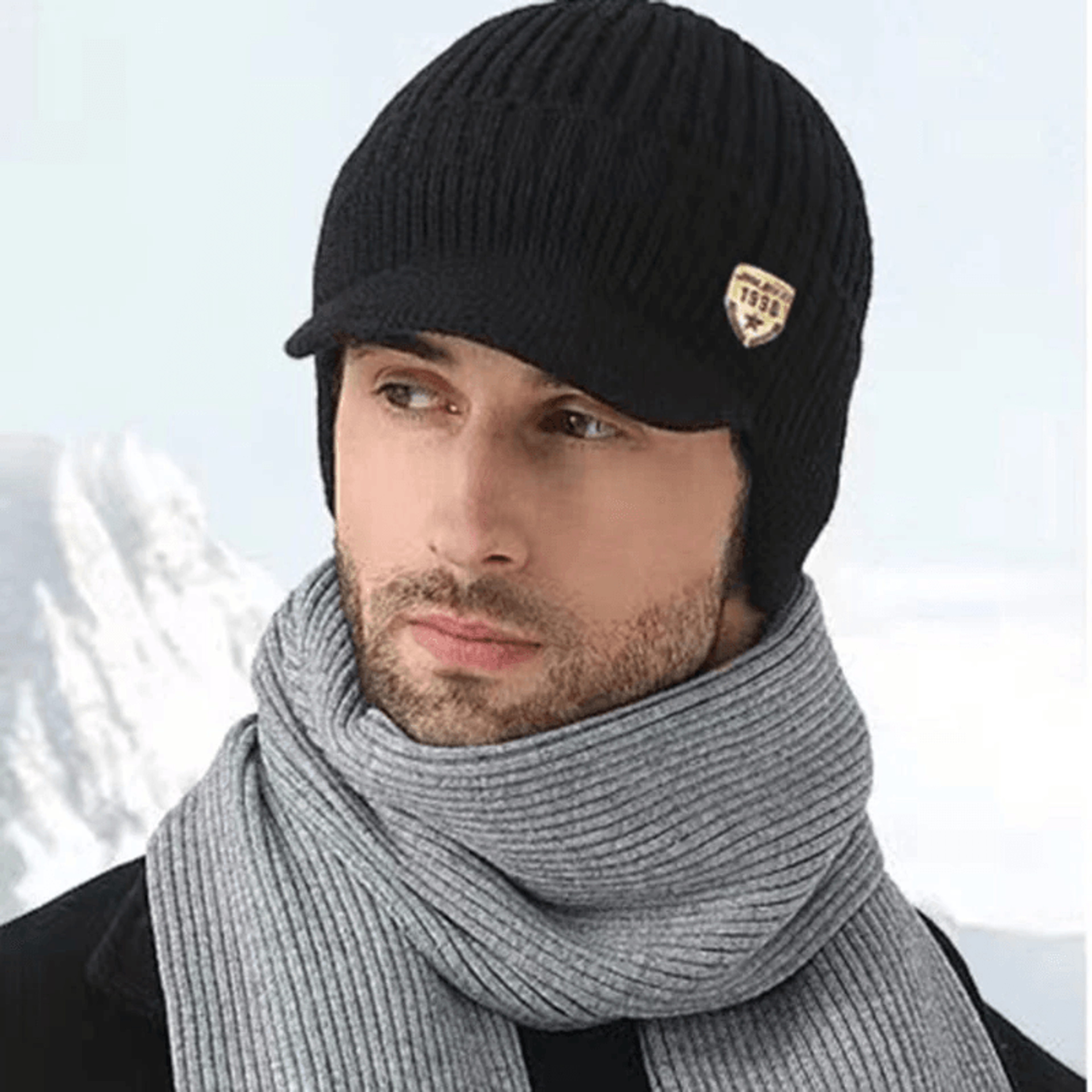 men's winter knitted hat with ear protection and peaked brim
