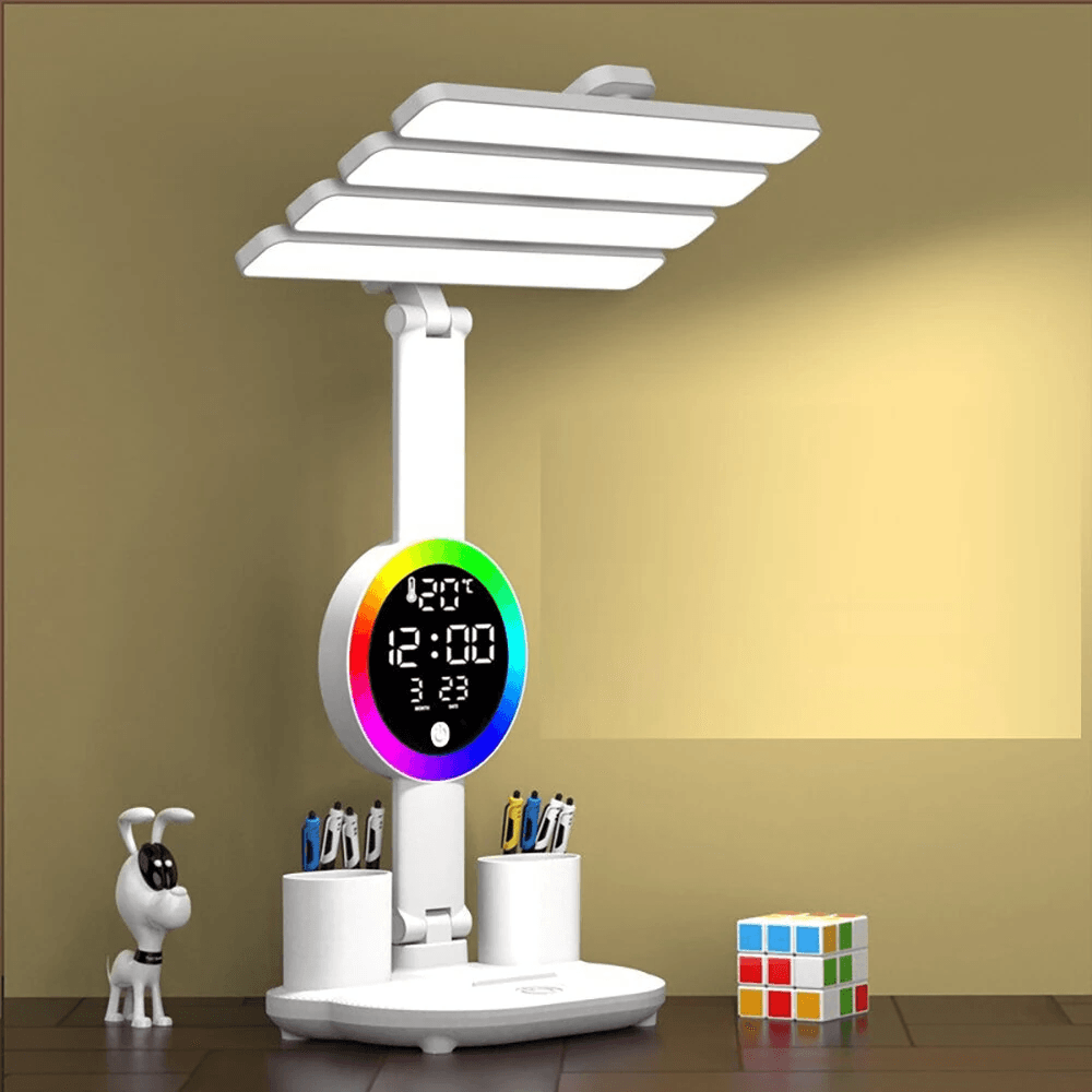 head led desk lamp with rgb ambient light clock and pen holder