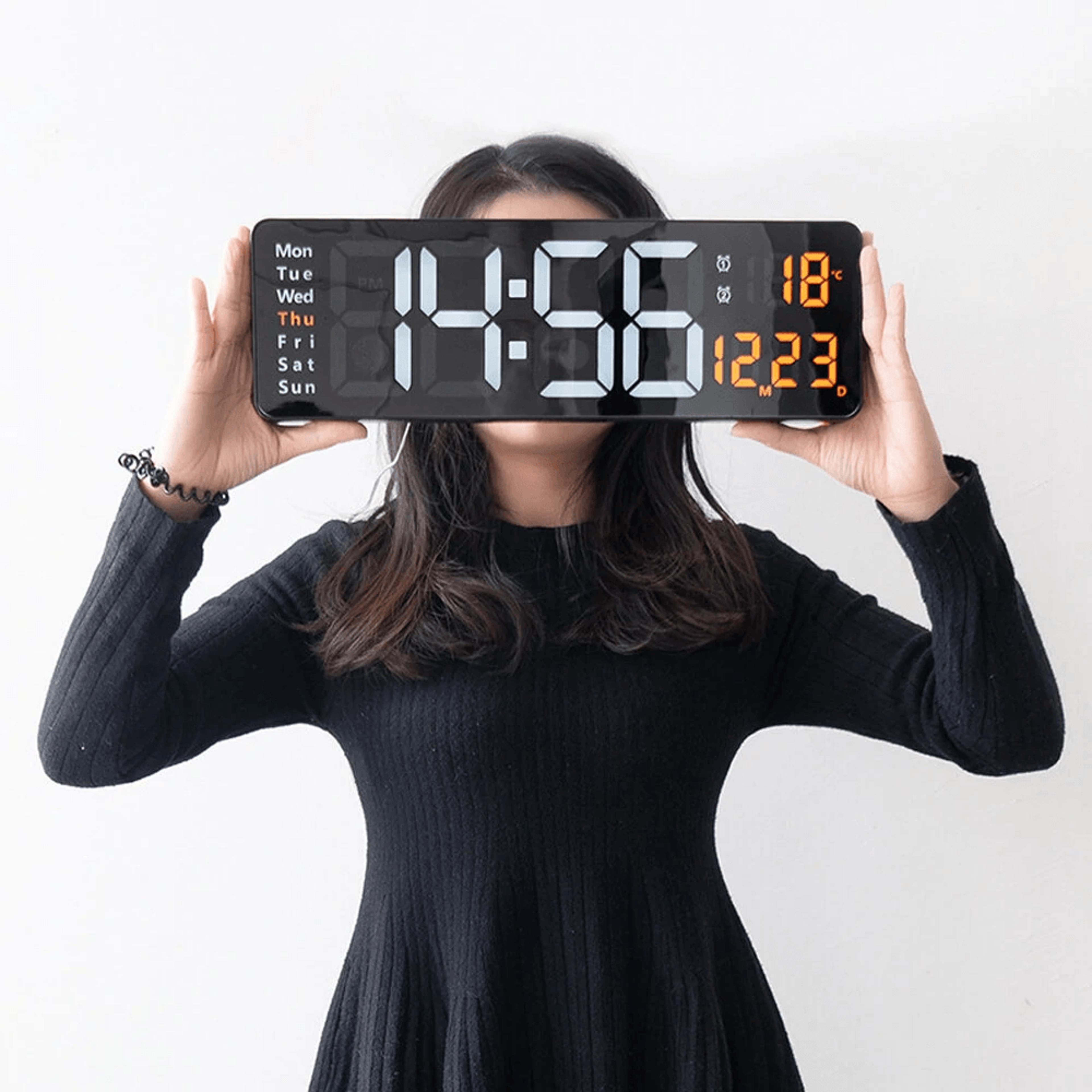 large led digital wall clock with remote auto brightness temperature date display