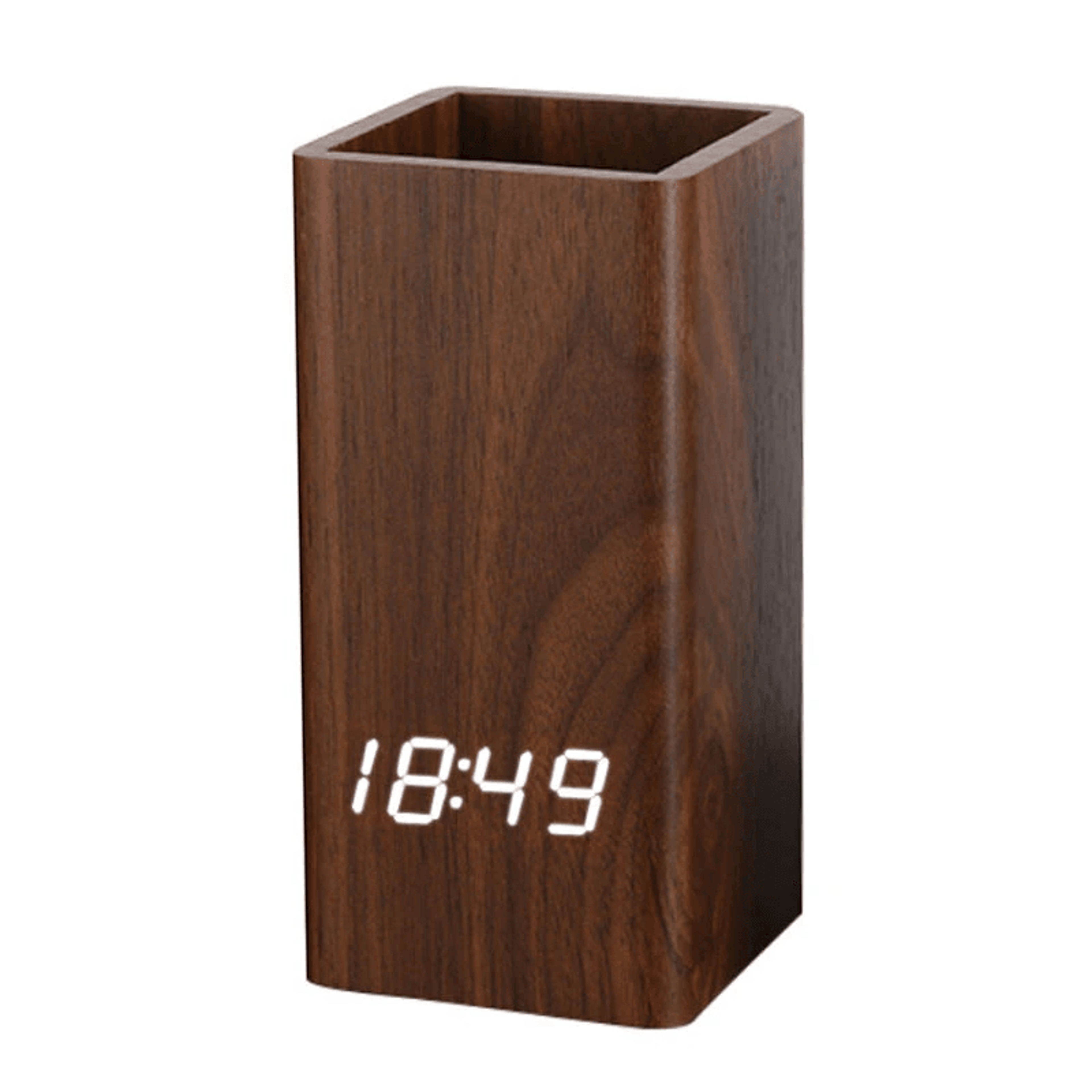 wooden led alarm clock with voice control and desk pen holder