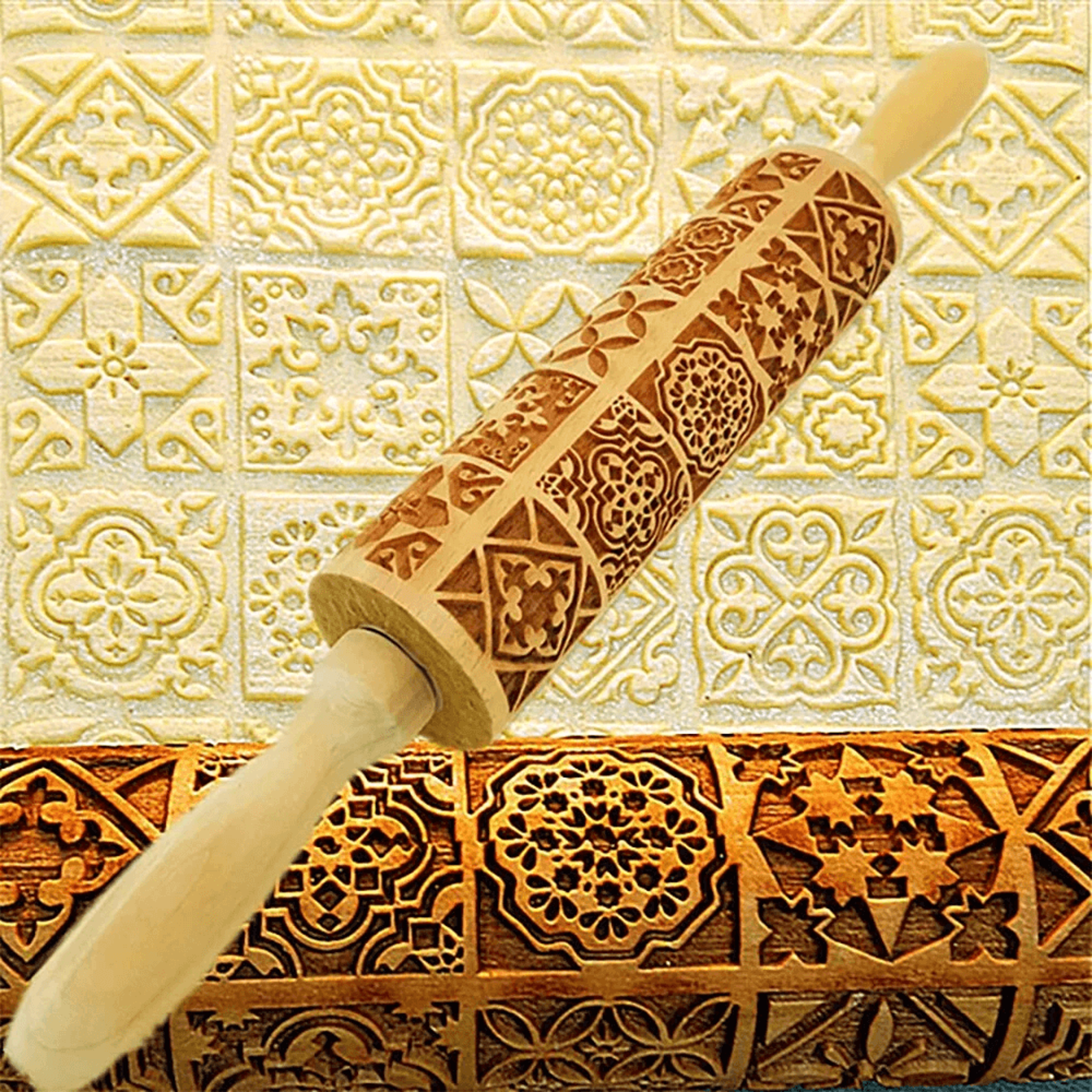 wooden embossed rolling pin with christmas patterns for cookies pastries and dough