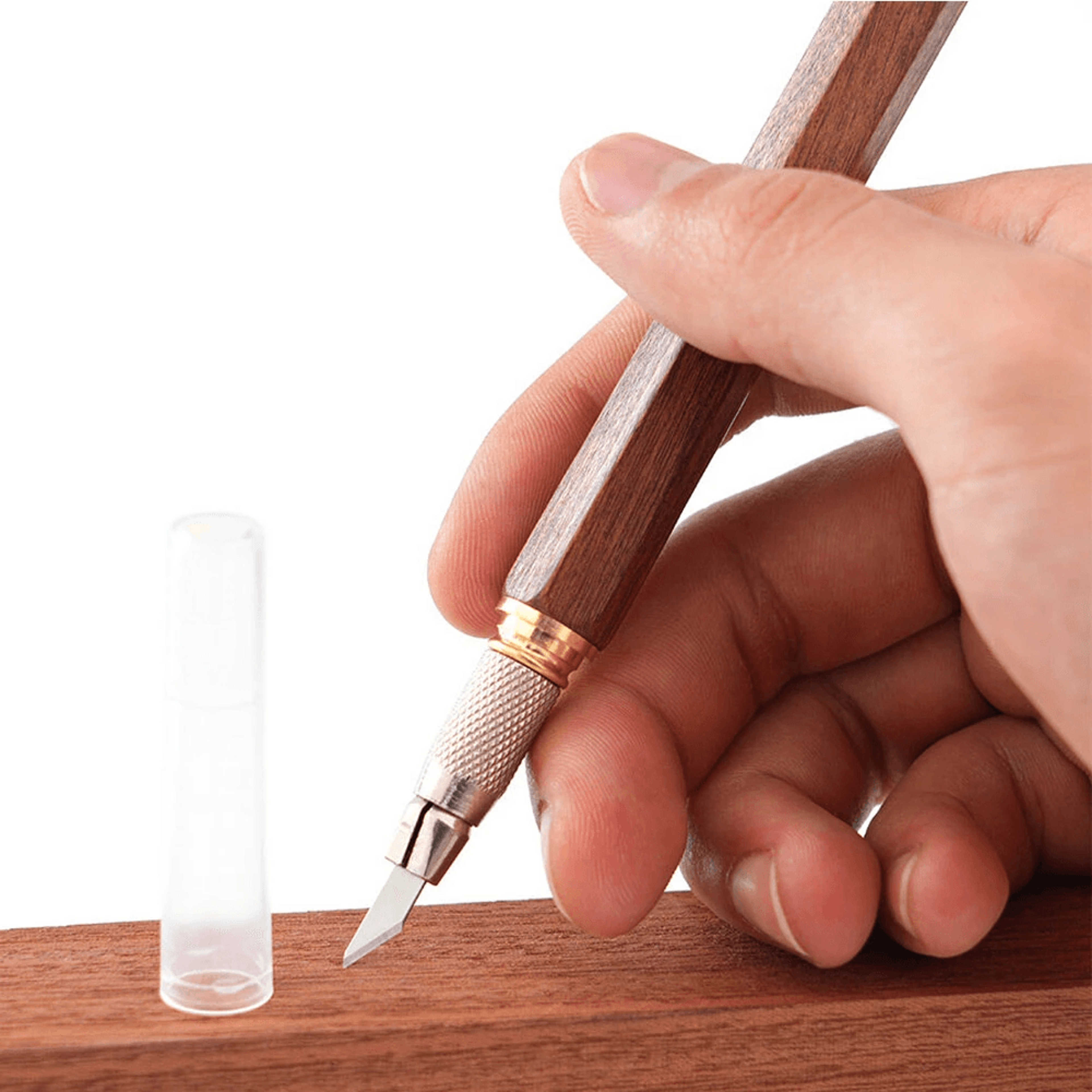 woodworking marking knife with wood handle and transparent cap