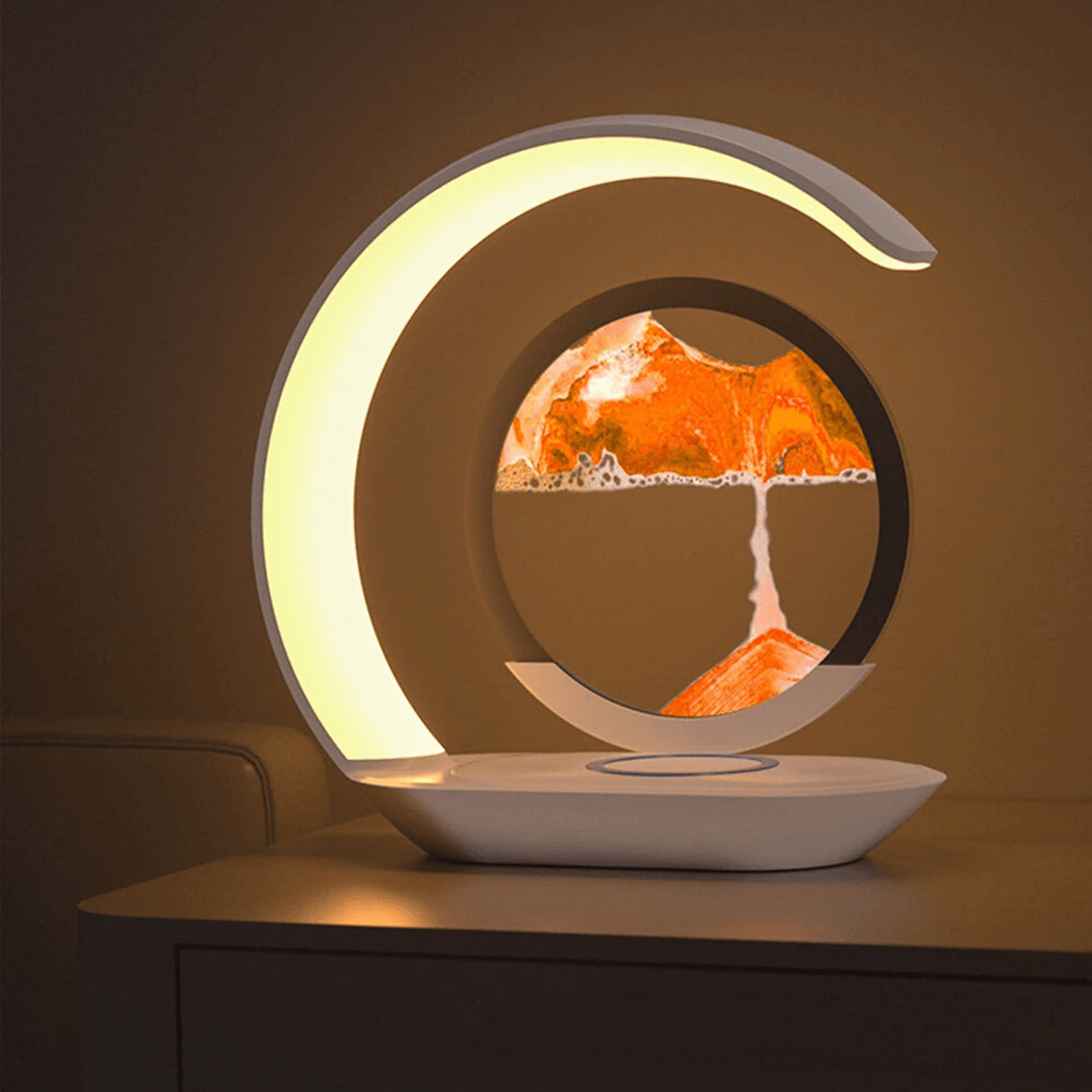 sand art led night light with wireless charging touch dimming and hourglass design