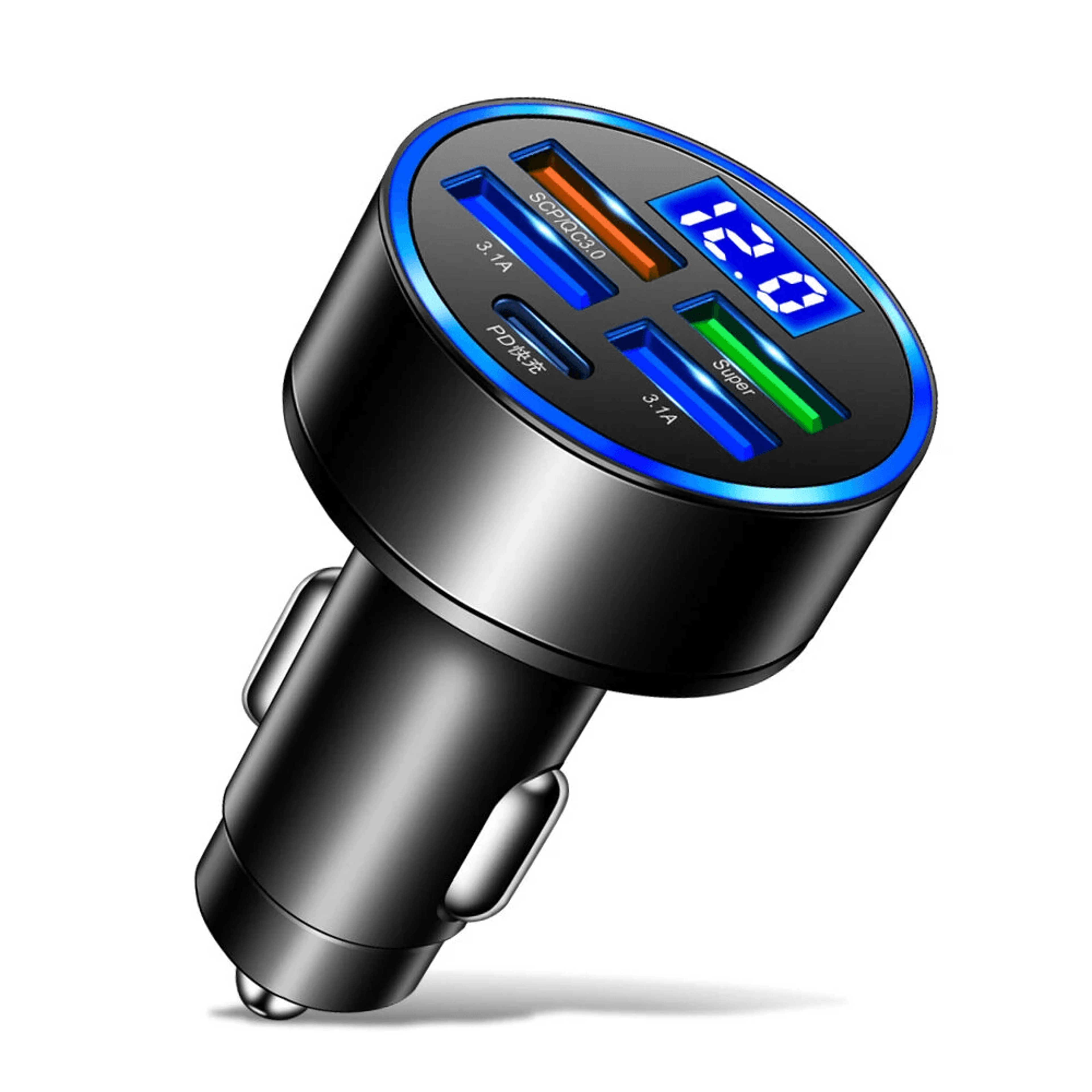 port usb pd car charger adapter with fast charging and blue led