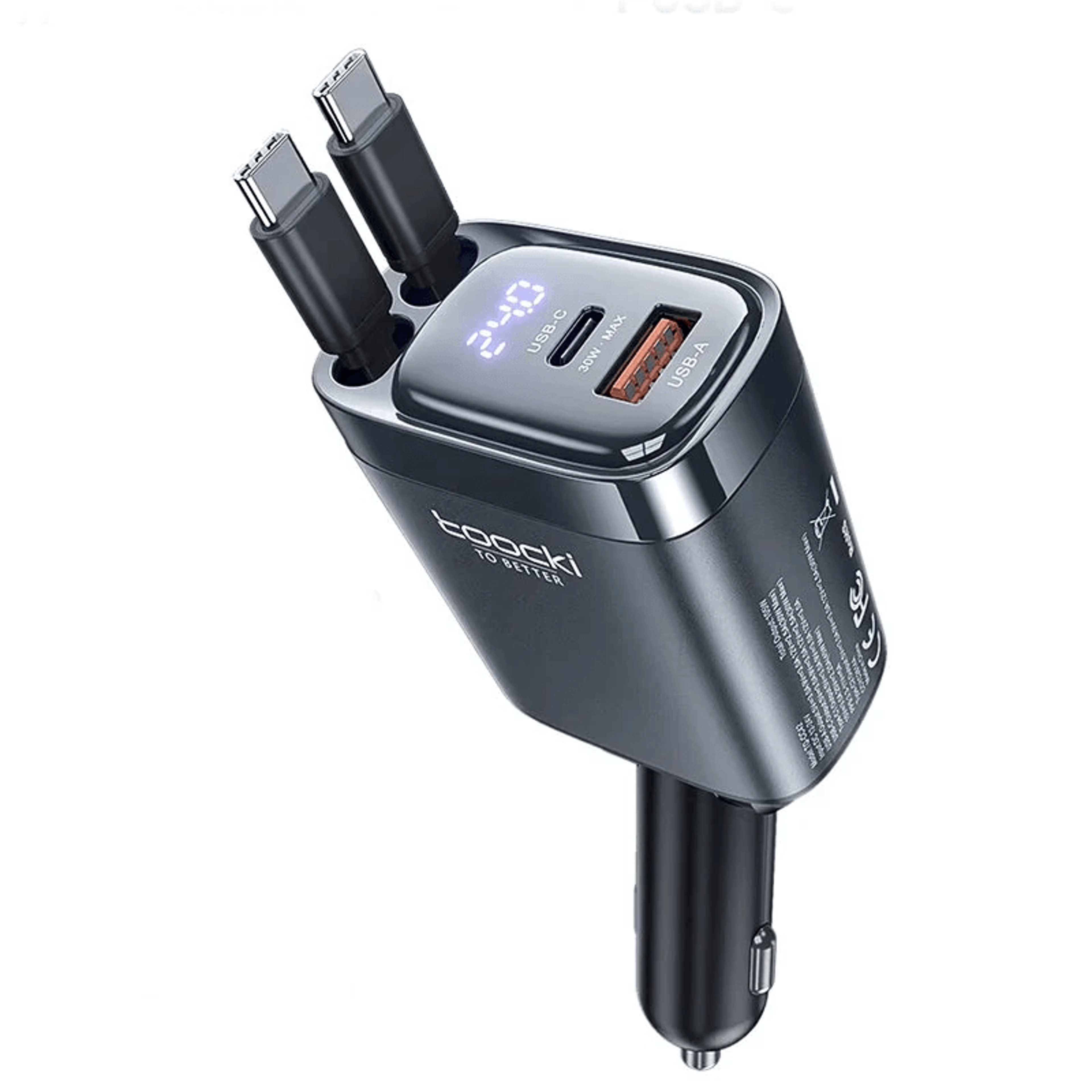 port car charger with digital display and built in type c cables