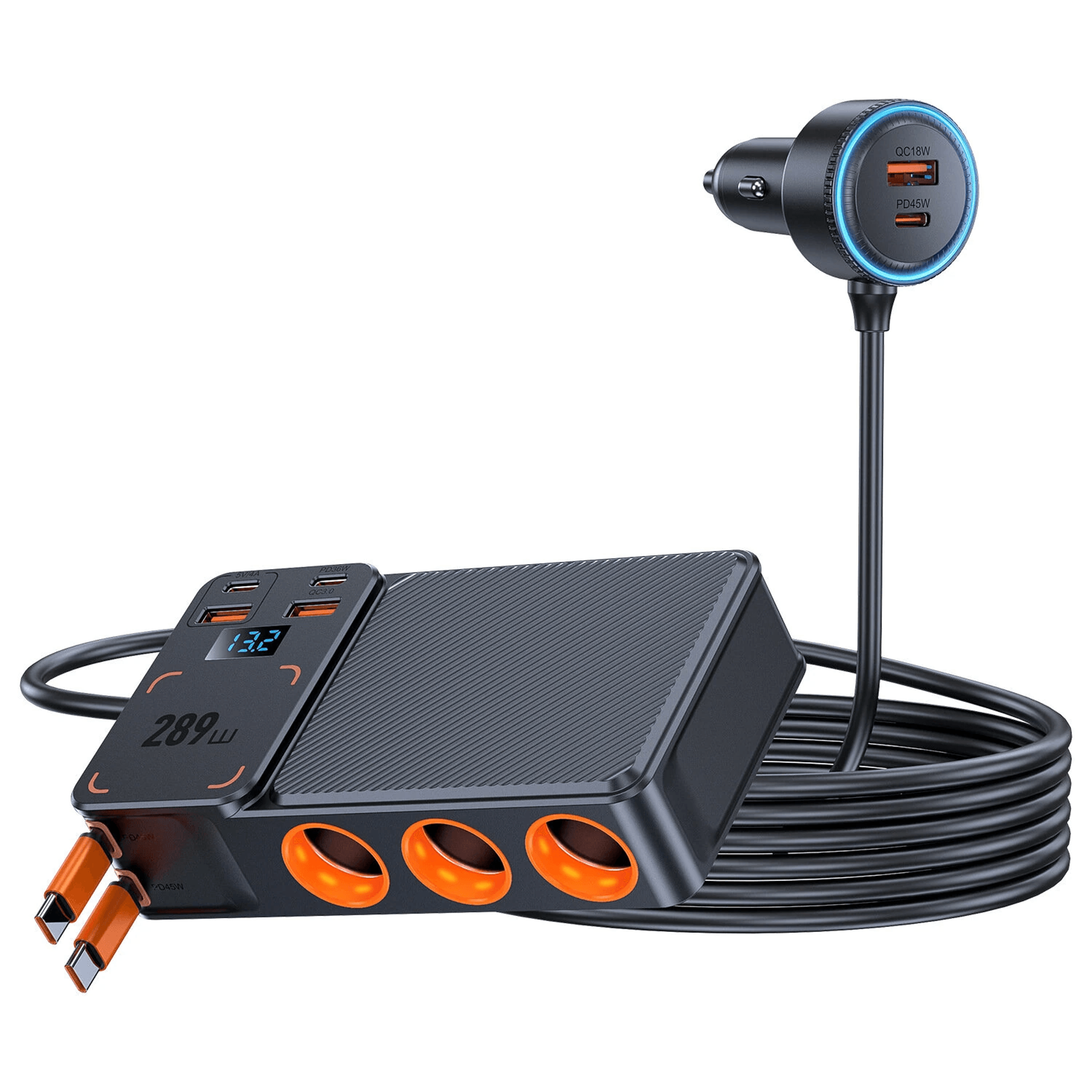 multi port car charger with retractable usb c cables sockets and led voltage display