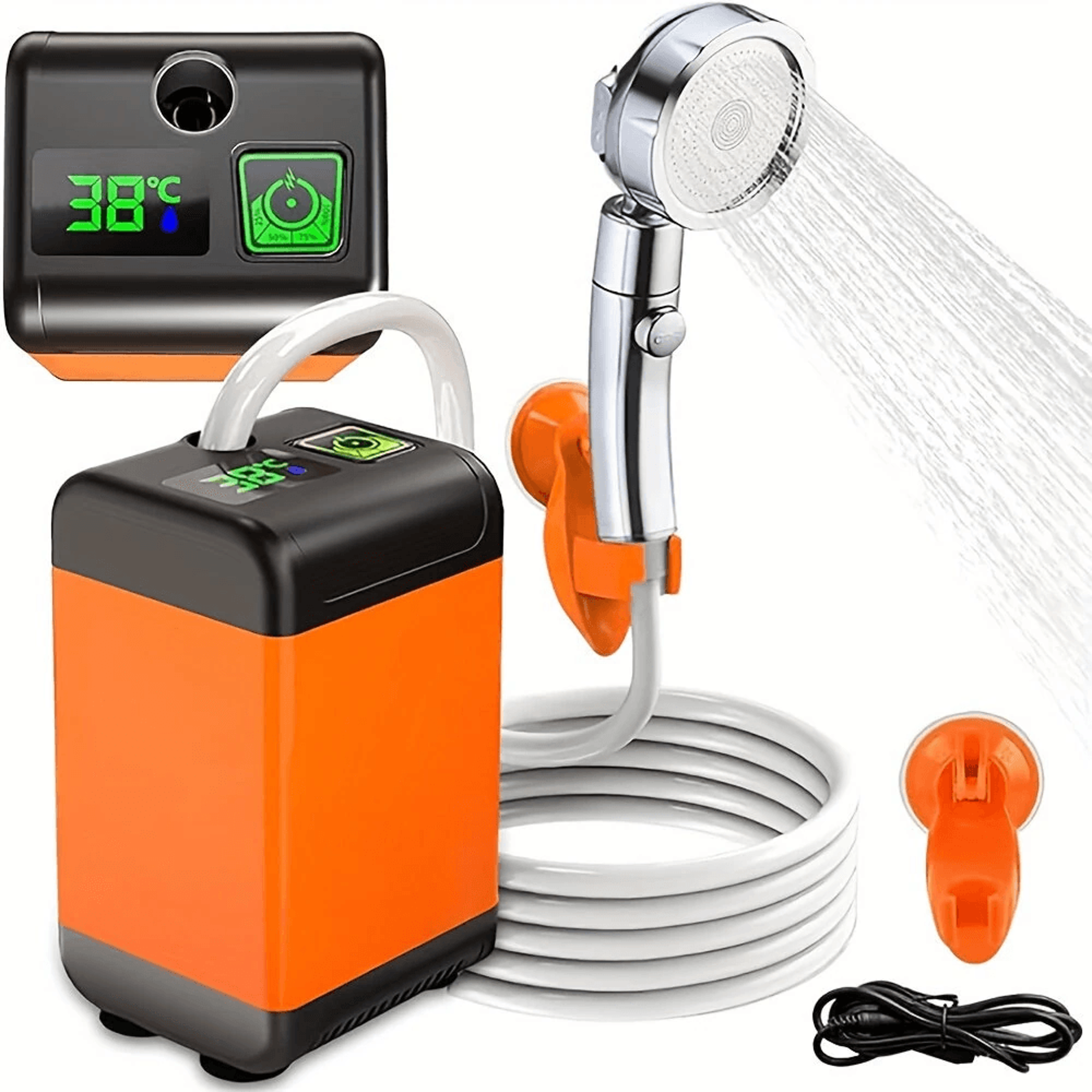 portable electric camping shower pump with digital temperature display waterproof battery