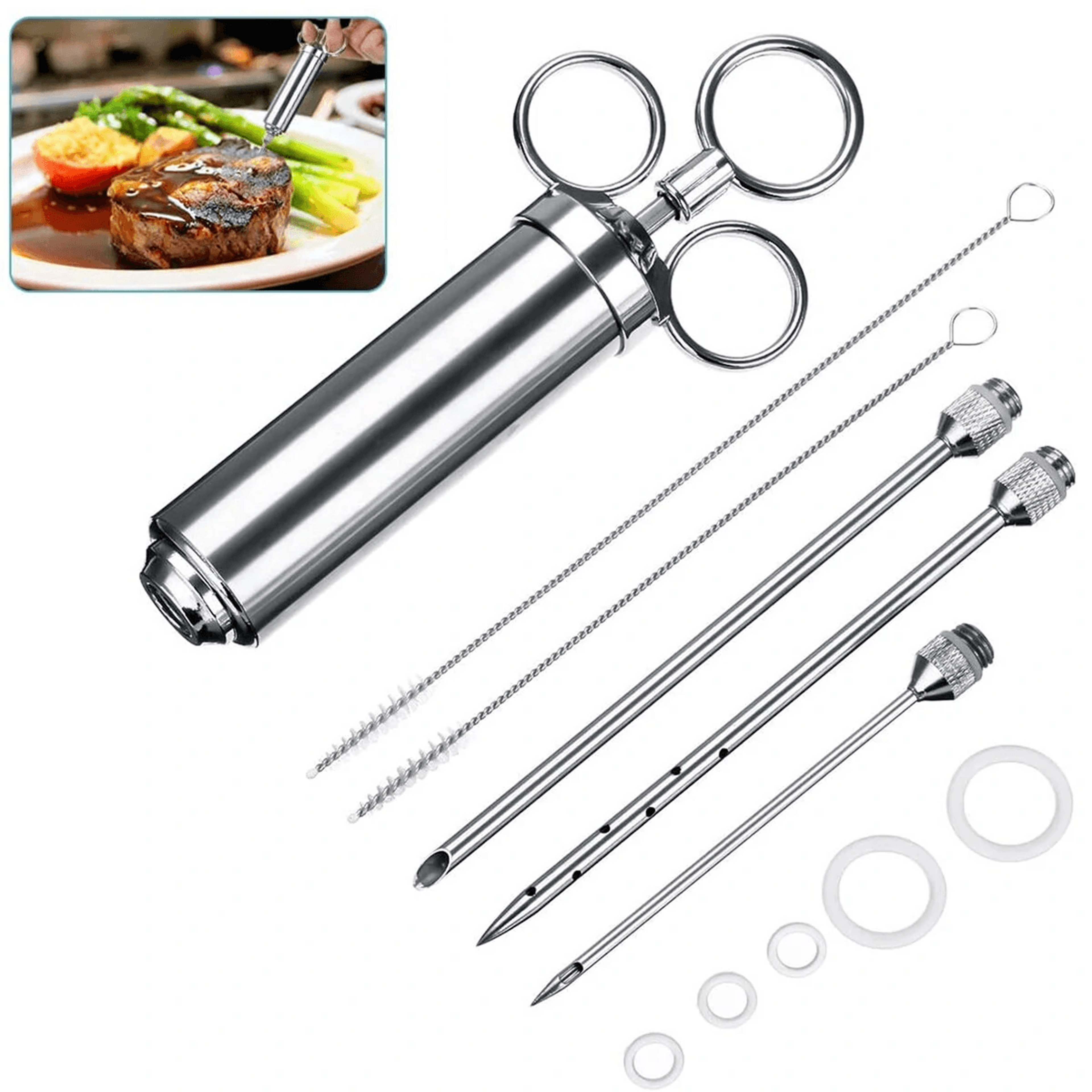 stainless steel meat injector syringe with needles for bbq marinade injection