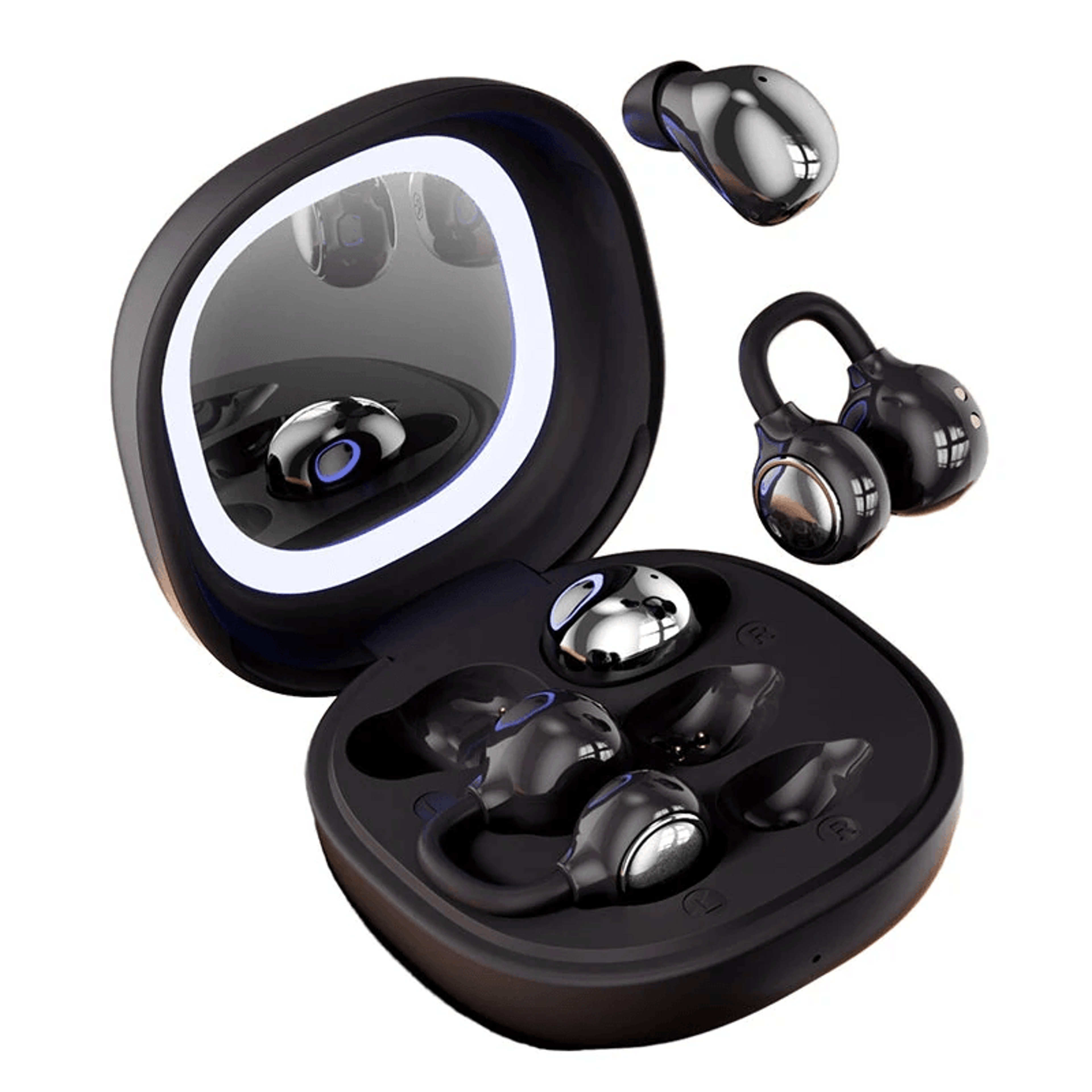 dual wireless bluetooth earphones with in ear buds earhooks and makeup mirror case